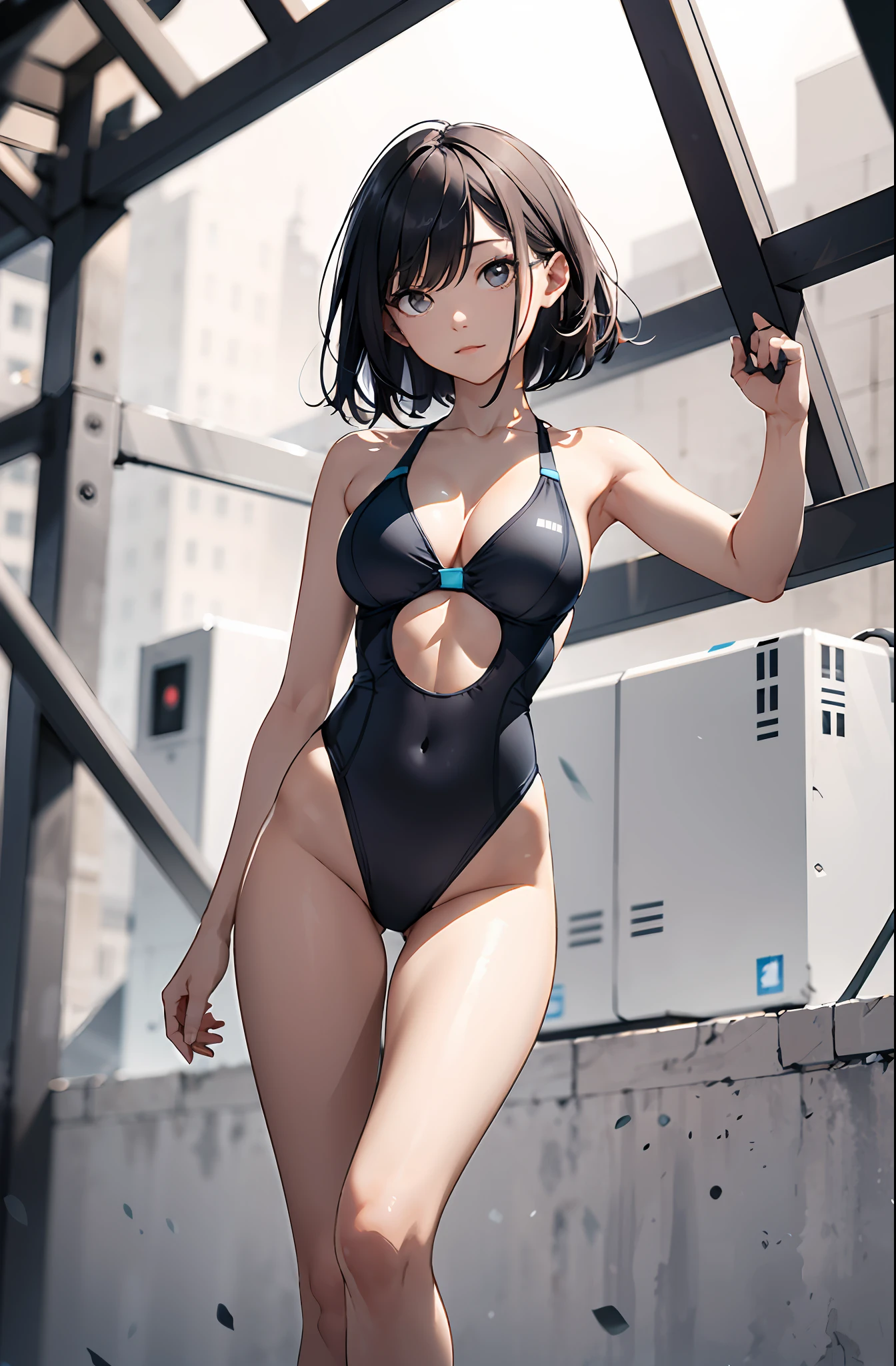 hoang lap,A high resolution,ultra - detailed,(1girll:1.3),Create minimalist designs,with clean lines,Simple shape,Focus on composition and balance。Capture low-light images,Lighting is minimal,And focus on the subtle details and atmosphere of the scene。With delicate lines、Flat colors and images inspired by patterns and compositions。brassier,Large breasts,High-fork swimsuit,F-cup,short black straight hair,long whitr hair,Female Martial Artist