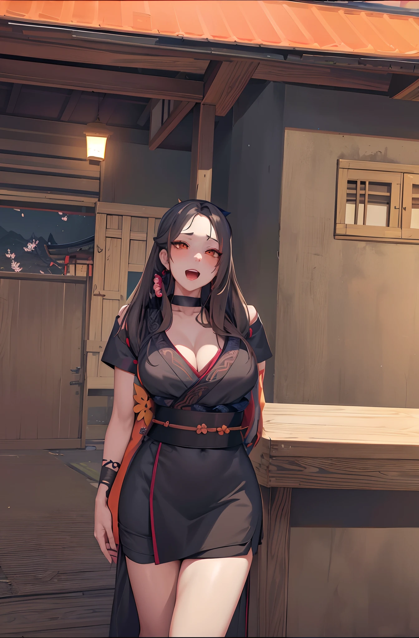 masterpiece, best quality, highres, 1girl, blonde hair, medium hair, asymmetrical hair, floating hair, hair between eyes, high ponytail, sidelocks, hair ornament, fish hair ornament, tassel, kanzashi, bangs, orange eyes, open mouth, smile, teeth, upper teeth only, choker, red choker, pendant choker, butterfly choker, collarbone, tattoo, chest tattoo, flower tattoo, cleavage, medium breasts, thighs, bandages, bandaged leg, sarashi, budget sarashi, chest sarashi, black sash, hadanugi dousa, houkisei, japanese clothes, kimono, kinchaku, obi, obiage, obijime, orange kimono, pouch, print kimono, rope, sash, shimenawa, short kimono, single bare shoulder, vision (genshin impact), east asian architecture, cherry blossoms, full body, squatting, sparkler, night, firework, holding firework, legs together, feet, single glove, single fingerless glove, wristband, black socks,