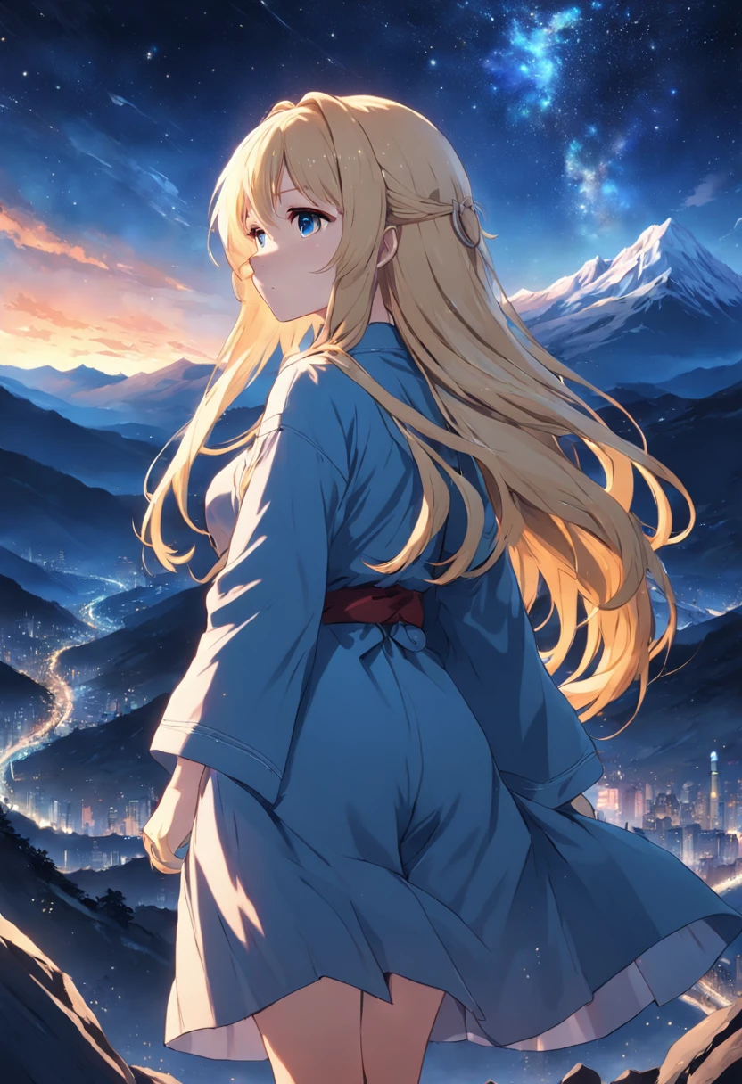 Anime style: Gorgeous busty woman, 24 years old, blonde long hair, walking towards a mountain on a bright and comforting starry night. Highly detailed, anime, wonderful.