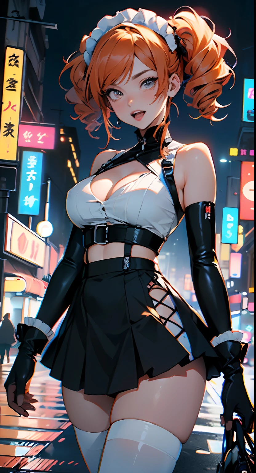 maid girl,(((1girl))),((anime maid girl with extremely cute and beautiful orange hair walking seductively down the street)),

(large breasts:1.4),bountiful breasts,fluffy breasts,H cup bust,bust up,bulging bust top,(((orange twintails hair:1.35,colored inner hair,twintails,ear breathing))),((heterochromia,eye1 orange,eye2 red,perfect eyes,upturned eyes:1.3,beautiful detailed eyes,finely detailed beautiful eyes:1,big highlight on eyes:1.2,slanted eyes)),((fat)),(((lustrous skin:1.5,bright skin: 1.5,skin tanned,shiny skin,very shiny skin,shiny body,plastic glitter skin,exaggerated shiny skin))),(spider lower abdomen,narrow waist,wide hip,athletic body,inflated legs,delicate detailed fingers,detailed body,detailed arms,human hands,(detailed face)),

cute,slutty,seductive,erotic,(((nsfw))),

zettai ryouiki,(maid headdress),maid uniform,Headdress,(maid),sleeveless,mini skirt,boots,cleavage cutout,bare legs,clothes with a lot of lace frills,(detailed outfit,detailed clothes),

(dynamic pose:1.0),solo focus,happy,((open mouth)),,centered,scale to fit dimensions,Rule of thirds,

outdoors,((night view)),(very pretty city neon synthwave,cyberpunk night street Background:1.5,dark sky,thick clouds),future vehicles,((neon lights)),thick clouds,(cyberpunk style,neon lights, (synthwave theme background), lonely street),(((detailed background:1.25))),

(best quality),(high resolution),(sharp focus),(ultra detailed),(extremely detailed),(extremely high quality artwork),8k_wallpaper,(extremely detailed CG 8k),(very fine 8K CG),((hyper super ultra detailed perfect piece)),flawless,(((masterpiece))),illustration,vibrant colors,(intricate),High contrast,Selective lighting,Double exposure,HDR (High Dynamic Range),Post-processing,Background blur,