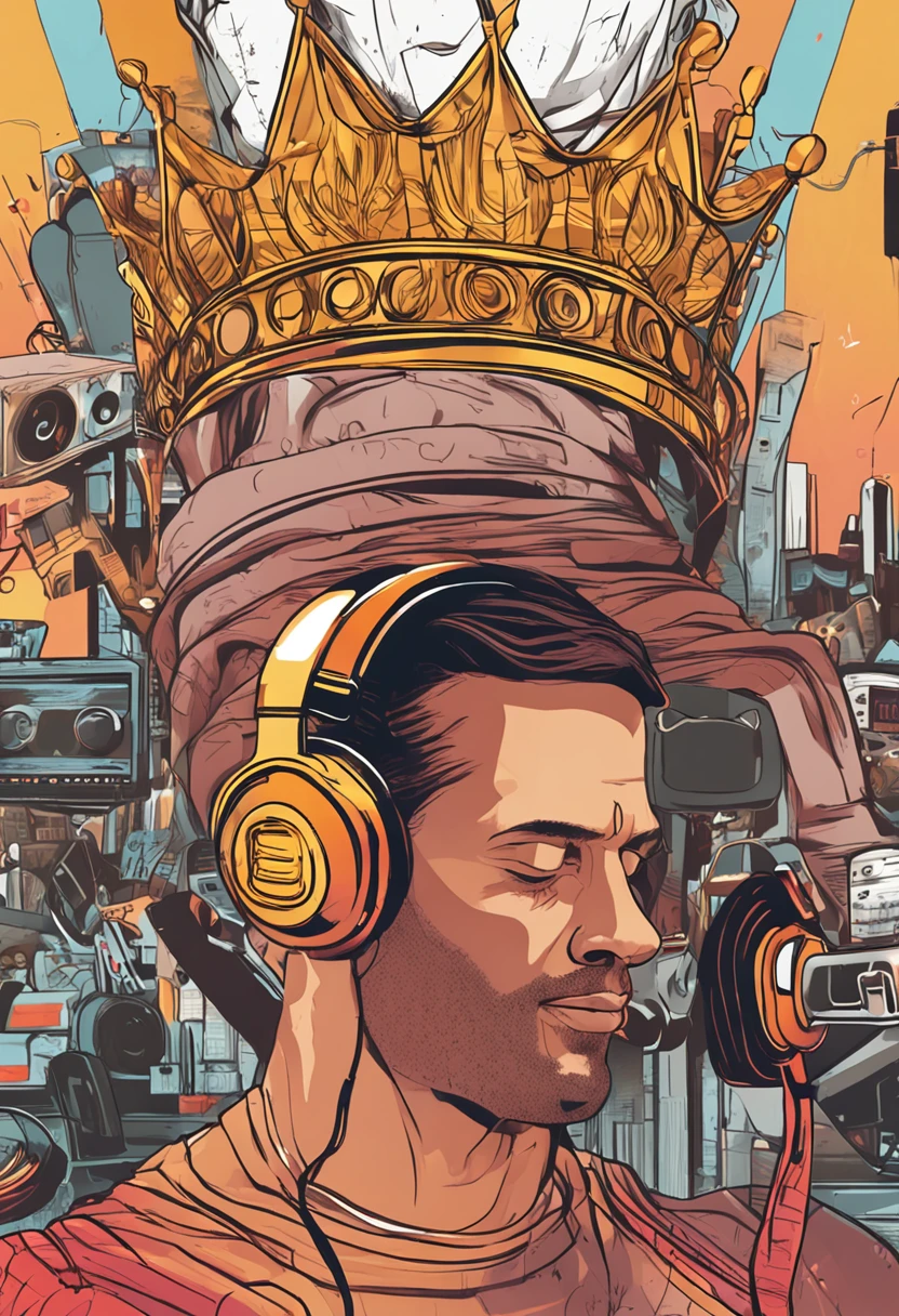 "Crie um rei, with an ostentatious crown on his head, segurando um smartphone moderno com uma tela brilhante, using state-of-the-art headphones."