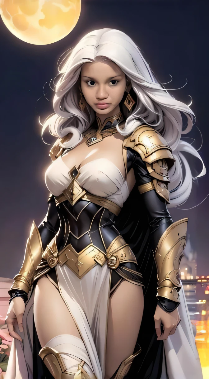 uma mulher de armadura e um vestido branco de corpo inteiro em frente a uma lua cheia, Artgerm extremamente detalhado, como visto no artgerm, quadrinhos artgerm, artgerm detalhado, wlop e artgerm, Artgerm e Wlop, Artgerm Julie Bell Beeple, trending artgerm, Aly Fell e Artgerm