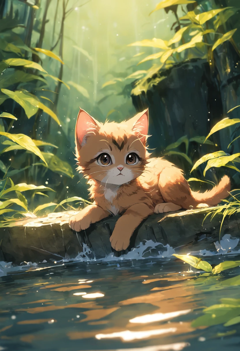 A small brown kitten , sumergiendose en el agua, ((feliz)) ((obra maestra)) en ultra deficion y ultra alta resolucion en el bosque