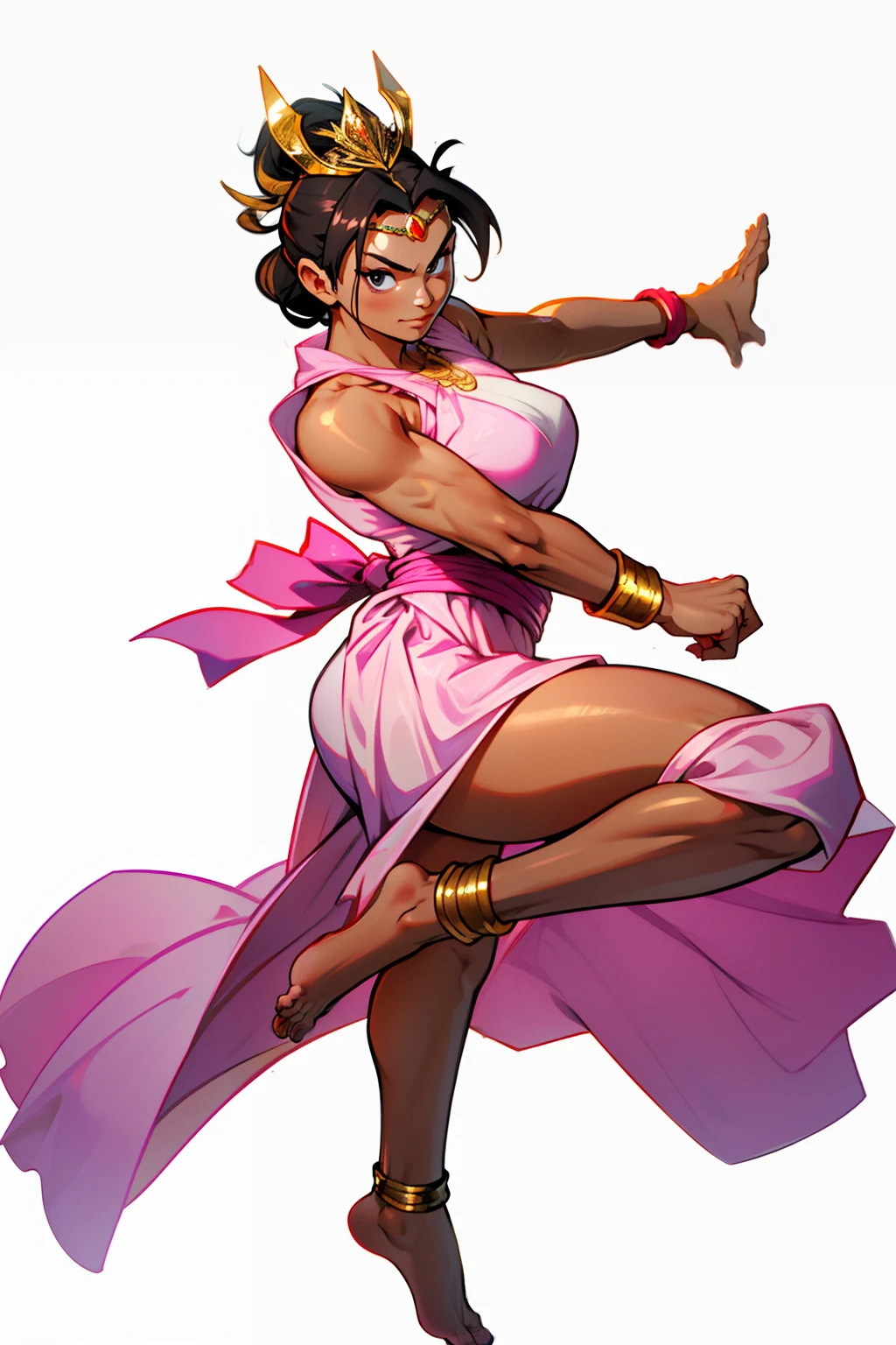 Khmer woman, full body to toes and feet, dark brown tanned, street fighter, random boxing pose, large breast, long silver hair, wearing a pink long toga dress, golden bracelet, golden ankle bracelet, wearing a golden khmer tiara queen crown, (all white background),