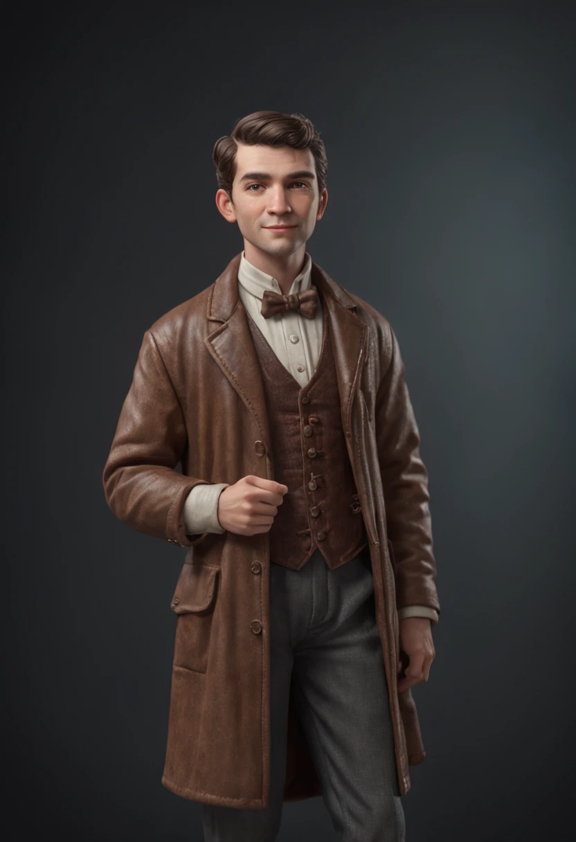 A cartoony style Charle Robinson's Front View, A full-body illustration of Charle standing confidently, showcasing his attire and tools. His adventurous demeanor is evident in his stance, and his sparkling brown eyes capture his curiosity , vibrant, Detailed and intricate sets and props that add depth and texture to the world