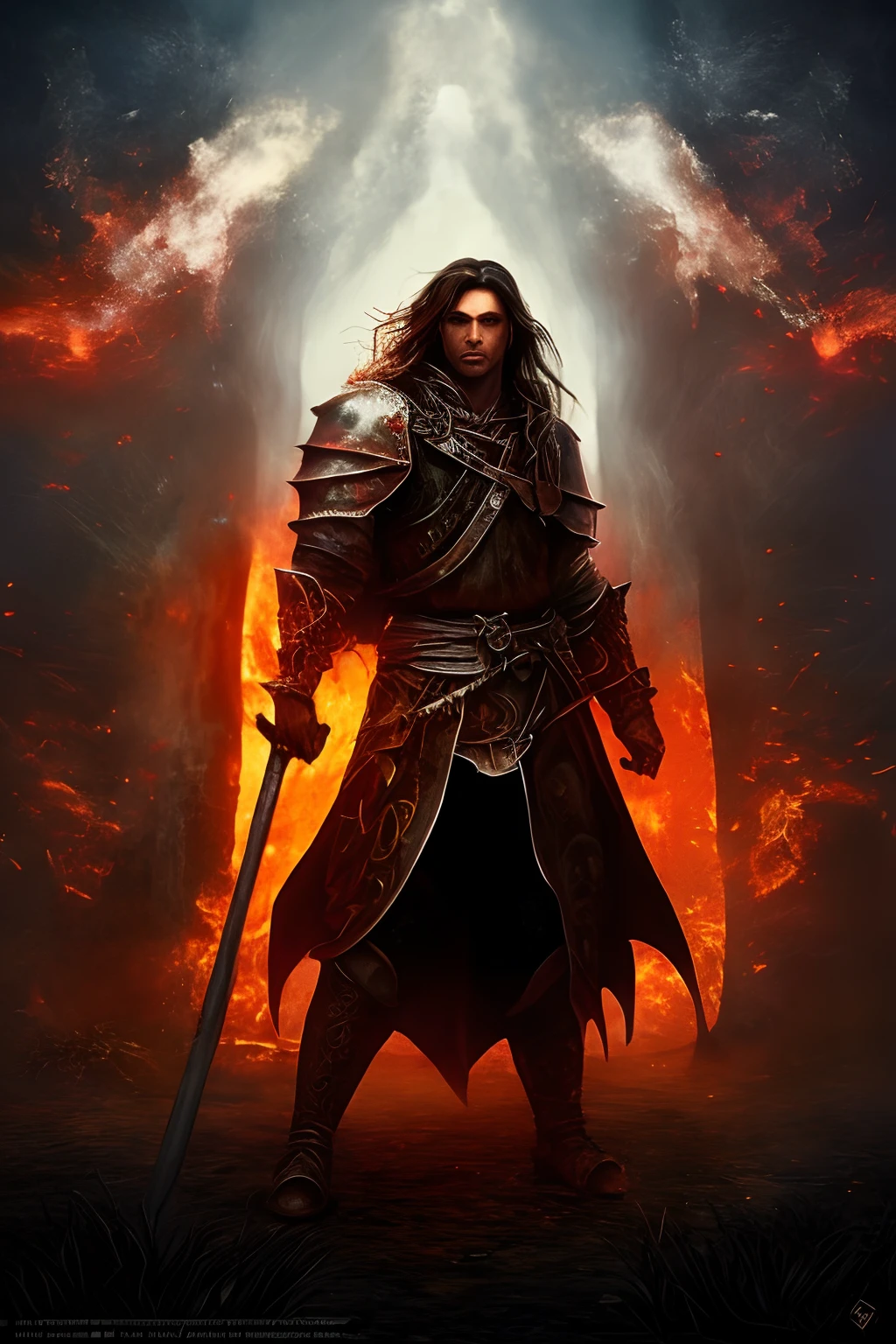 a warrior a noble knight elf prince of a kingdom wearing dark black and red armor a demonic armor this warrior is young and has hair as red as blood he is the prince of a dark and dark realm his hair is of medium achievement and his eyes are red like dragon eyes he is of the draconian familyred lights make up the image along with black smoke and dark magic in the background in the horizon A dark red sky volcano A medieval art for RPG