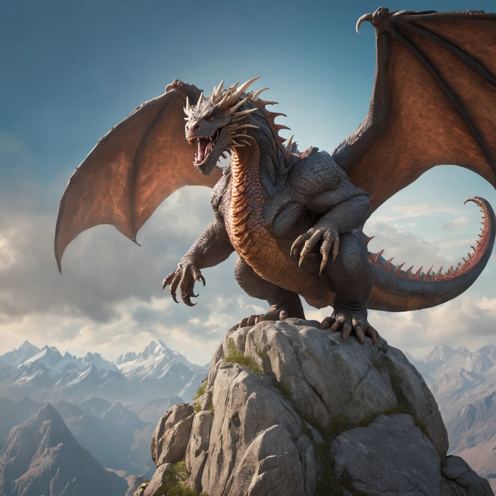 Fantasy art image of a wizard on top of a rock with a masterful view of mountains and dragons in the sky, 4k super detallado