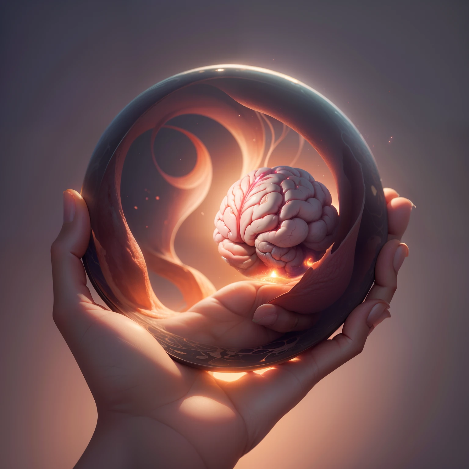 Brain floating in the palm of the hand, imagem de alta qualidade, realista, 8K cinematic scenery, fundo luminoso escuro