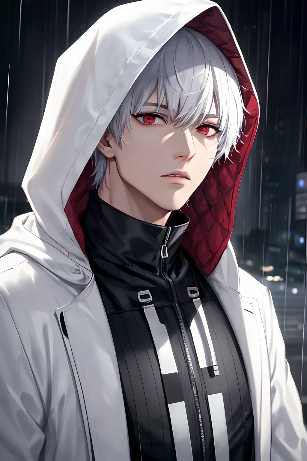 kk, best quality, more details, masterpiece, 1boy, kaneki ken, portrait, male focus, red eyes, solo, bangs, looking at viewer, hood, short hair, rain, tokyo tokyo \(city\), hood up, nail polish, white hair, luxurious, 8k, detailed, ray tracing, depth of field, cinematic lighting,
