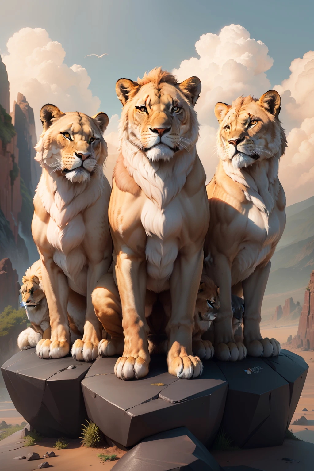 Three lions stand together on a rock on a sunny day, lions, digital art animal photo, lioness, detailed beautiful animals, lava, Majesty, a family portrait, Animals Wildlife, pride, Luis Miranda, Strong and ferocious, airbrush digital oil painting, amazing art, digitalpainting, digital painting highly detailed, и Motion Desk, 3 D CG