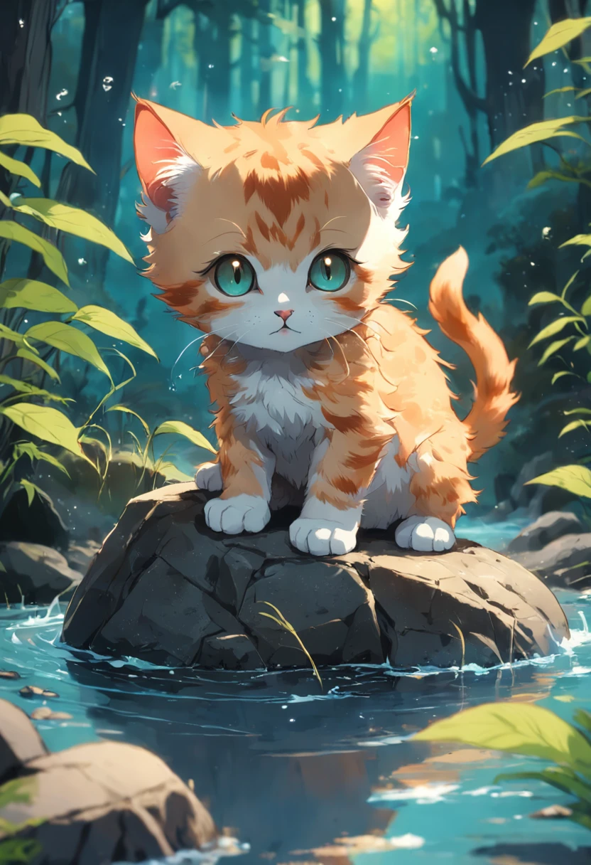 A small kitten of various colors , sumergiendose en el agua, ((feliz)) ((obra maestra)) en ultra deficion y ultra alta resolucion en el bosque