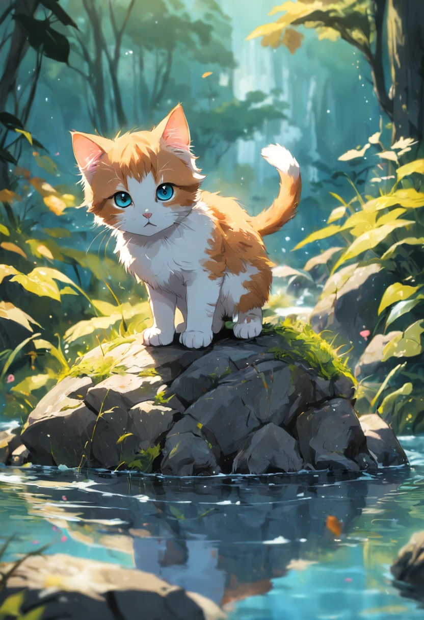 A small kitten of various colors , sumergiendose en el agua, ((feliz)) ((obra maestra)) en ultra deficion y ultra alta resolucion en el bosque