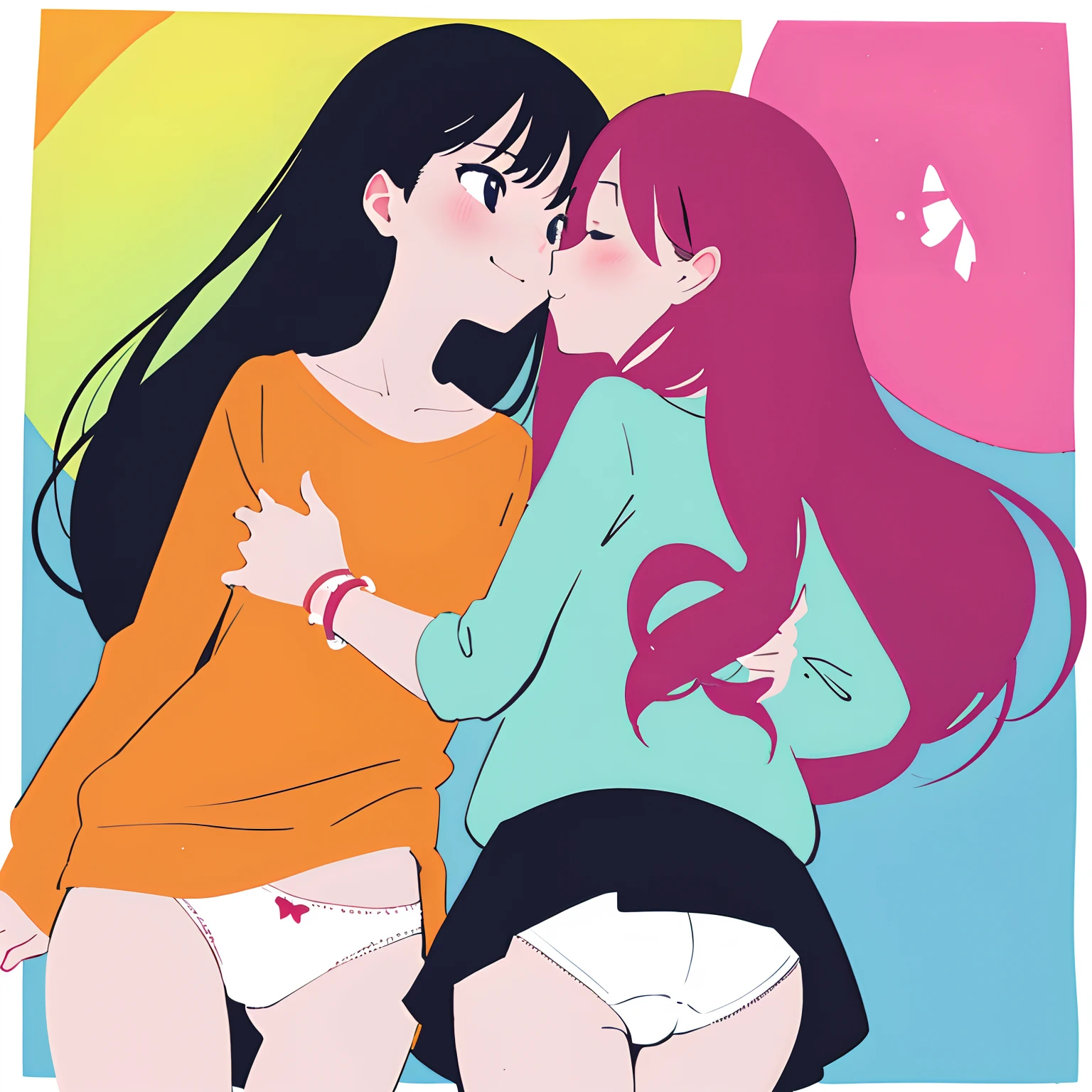 masterpiece, best quality, 2girls, , slim, flat chest, school shirt, (white panties), walk the park, hugging, kissing, love, blush, smile, (wide angle, fisheye), (view from below), summer, vibrant colors, psychedelic, soft light, bright, anime minimalist, watercolor
