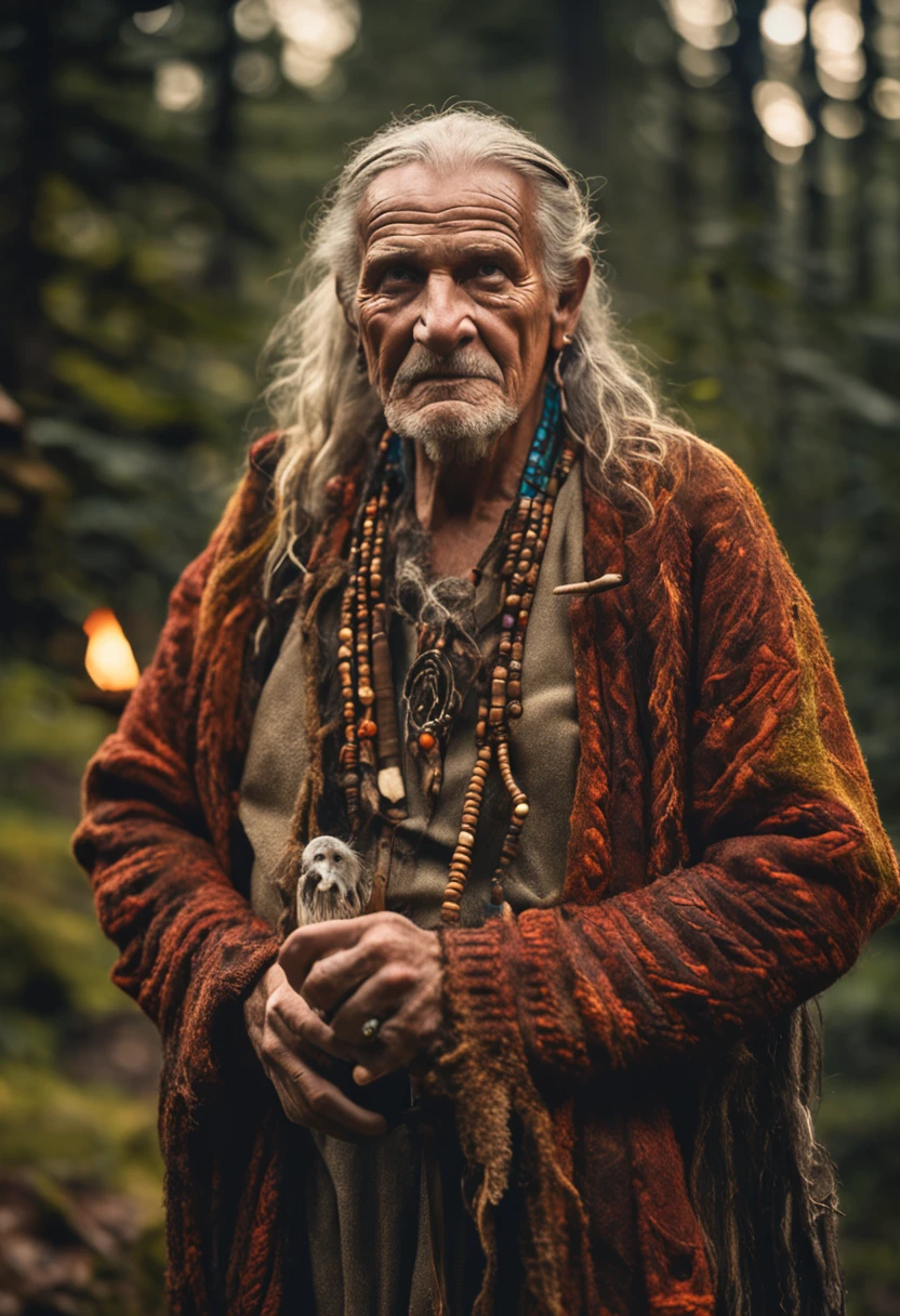 Full length portrait, elderly and strong celtic druid. rich woodland beads and leather bound jewelry with a gnarled and intricately carved staff. realistic facial features. national geographic composition. sunset and fire lighting, amongst a small village in thick woods. a touch of vibrant colour to his garbs woven in