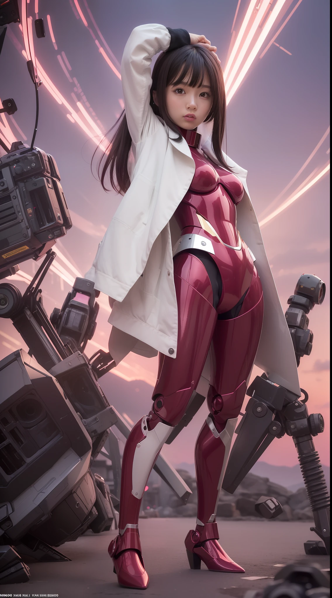 Photorealsitic:1.4)、Onegirl、(top-quality)、(hyperdetailed face)、(Super well-formed face)、((Robot Parts))、(Robot Girl)、(pink there)、(Burgundy)、(metalic)、(fullllbody)、(tits out)、(sexy pose)、(Slender body)、(Model body type)、(full body mech)、(mecha exposure)、(akihabara)、(is looking at the camera)、(A dark-haired)、(10Head and body)、(a small face)、(Idol)、(front facing)、(Standing with legs open)、(Banzai pose with open arms)、(Photo session)、(Looks sad)、(Olga)
