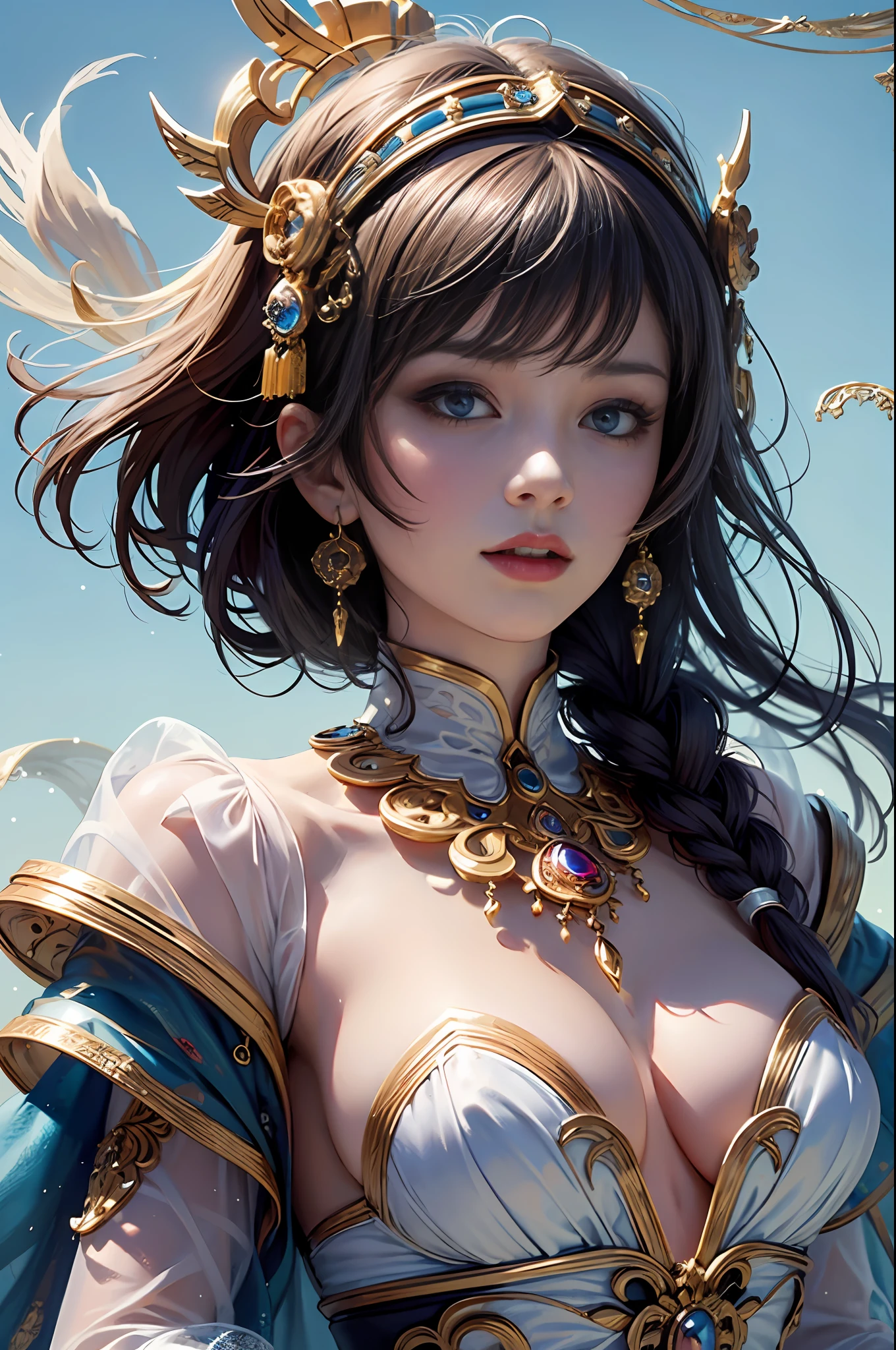 (masterpiece, top quality, best quality, official art, beautiful and aesthetic:1.2), (1 fantasy girl), long shapeless hair, extremely detailed, ornate jewellery,( fantastical background), dynamic pose, (fractal art:1.3),colorful,highest detail.