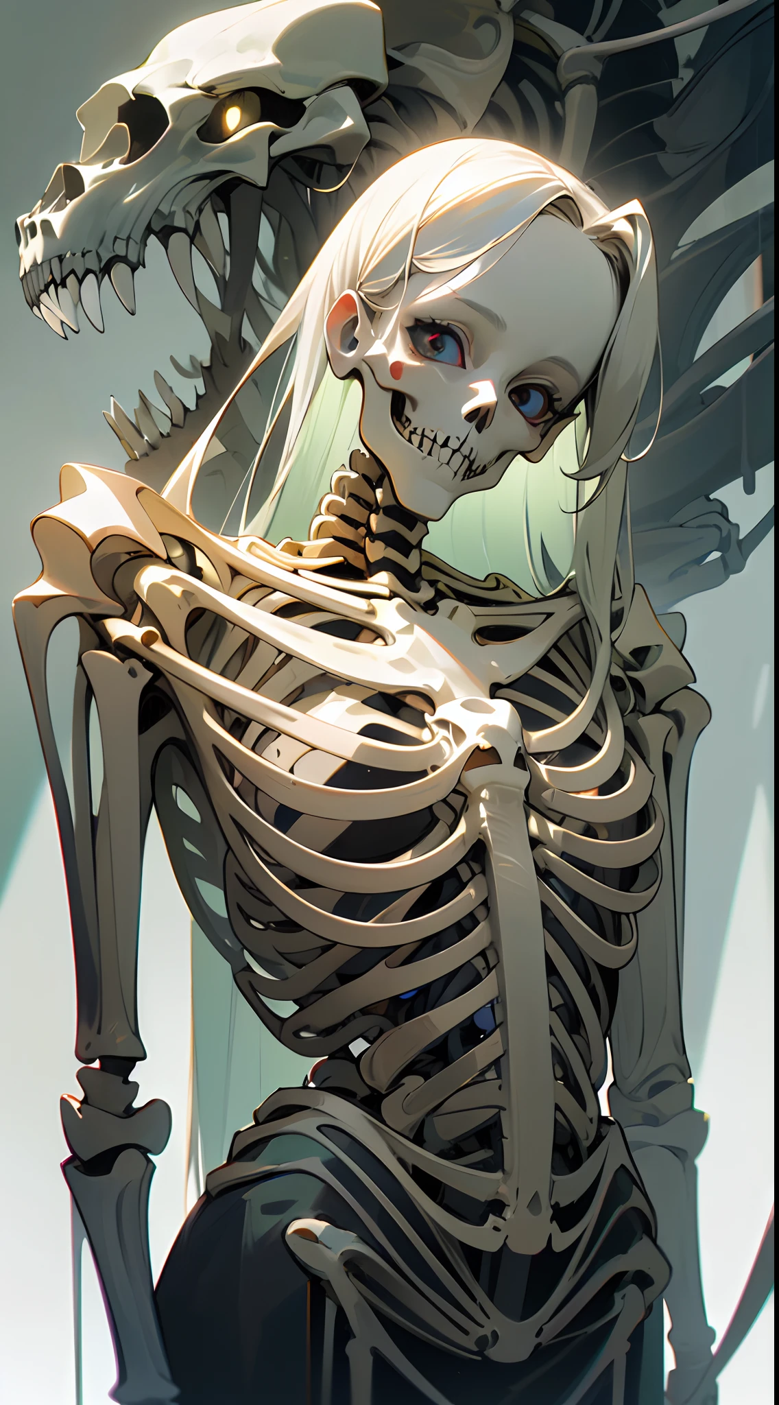 (solo), yellow hair, messy hair, mane hair, Long hair, dense hair, wild hair, expressive hair, mature,(25 year old), pale skin, red eyes, ((Female)), beatiful girl, wearing a white suit, blue tie, beautiful, attractive, Monster, half skeleton face, Ribs showing, black liquid, Giant breast, Attack position, eye reflection, depth of field, thunder aura,cinematic lighting, ray tracing, depth of field, cinematic lighting, ray tracing, UHD, high details, best quality, highres, high quality, award winning, super detail, masterpiece, 8k, UHD, high details, best quality, highres, high quality, award winning, super detail, masterpiece, 8k, digital art, anime coloring, body shot, good face, perfect face, detailed face, good eyes. Dark closet. pink cupcake.