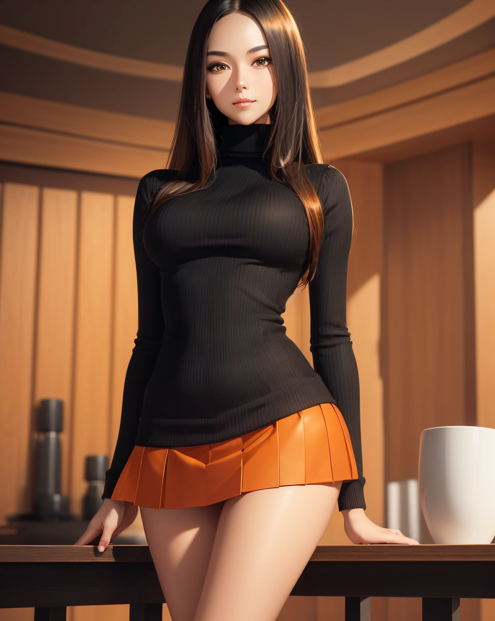 (best quality, masterpiece, ultra quality), hyper-sharp image, ultra-detailed, hyper-sharp focus, upper body, cute girl, long straight dark hair with golden highlights, straight hair, tall, tan skin, professional-looking, visible forehead, outdoors, bright sunlight, cute smile, (( Wearing a black microskirt, orange turtleneck sweater, black heels)), beautiful figure, wide hips, detailed face, detailed eyes, look at the camera, perfect lighting, UHD, line art, background detailed, intricate details, highly detailed, dynamic light, ink painting, outline, intricate line drawings, standing, arms down,milfication