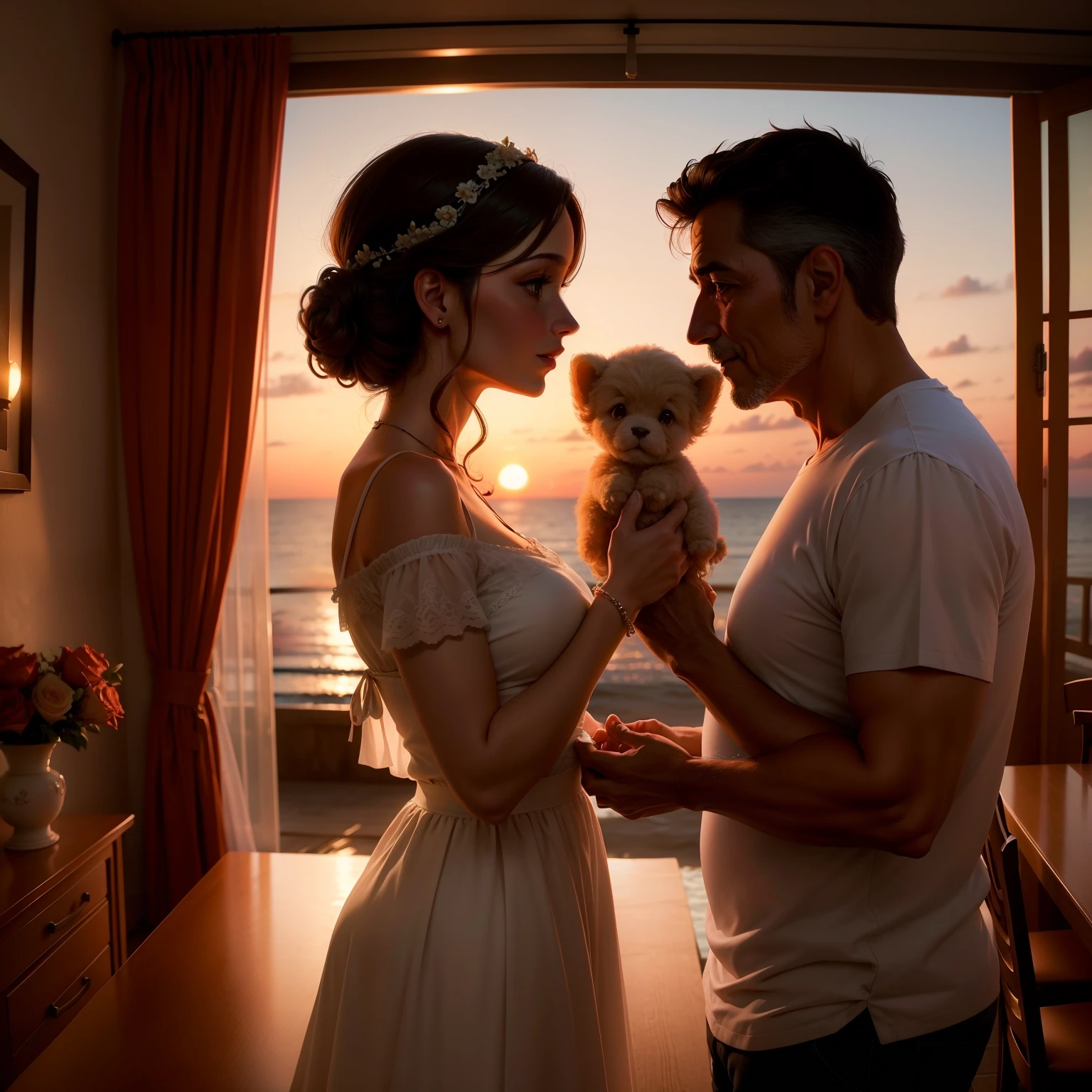 Casal apaixonado, de aproximadamente 40 anos, in a romantic and illuminated setting, with a soft and warm sunset.