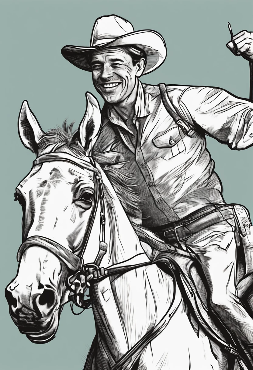 caricature pencil man on horseback, smiling, wearing gaucho clothes, sketch style