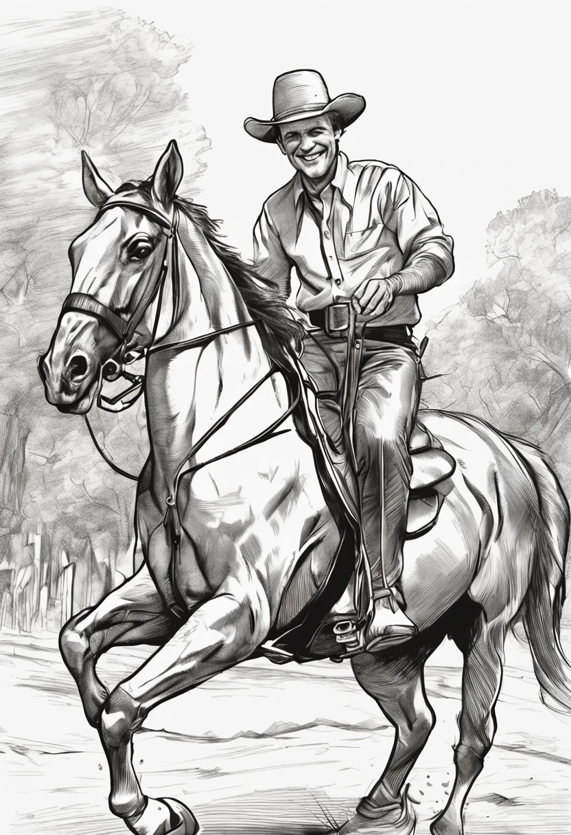 caricature pencil man on horseback, smiling, wearing gaucho clothes, sketch style
