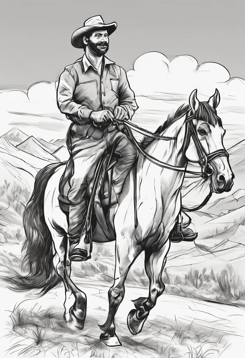 caricature pencil man on horseback, smiling, wearing gaucho clothes, sketch style
