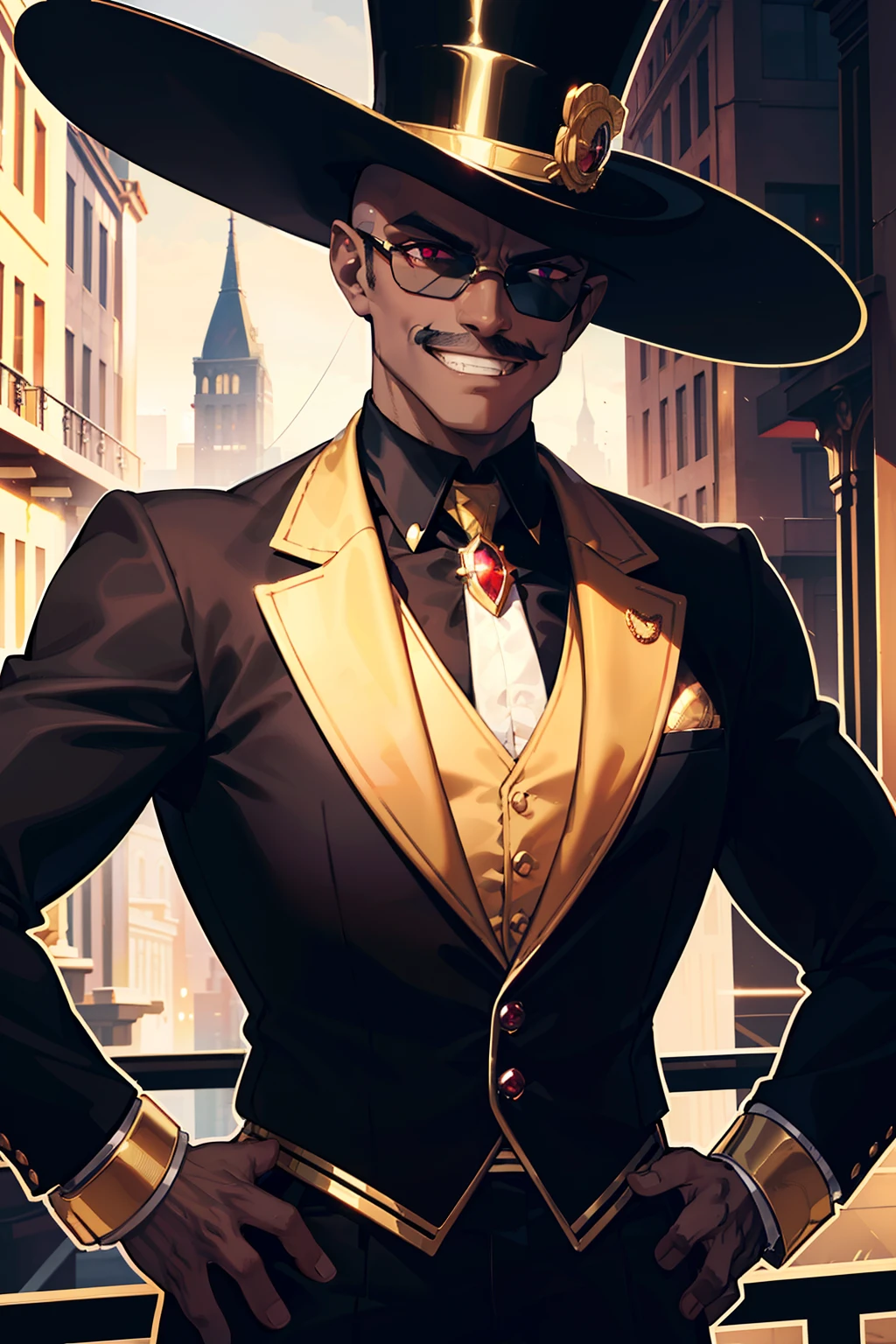 "(bald dark-skinned muscular man with a sly grin), garnet eyes, and large black mustache, wearing a top hat and garnet tuxedo with a black shirt complimented by a golden tie and round golden sunglasses over his eyes, (golden futuristic city backdrop), ultra HD, masterpiece quality, high quality, top quality, perfect quality"