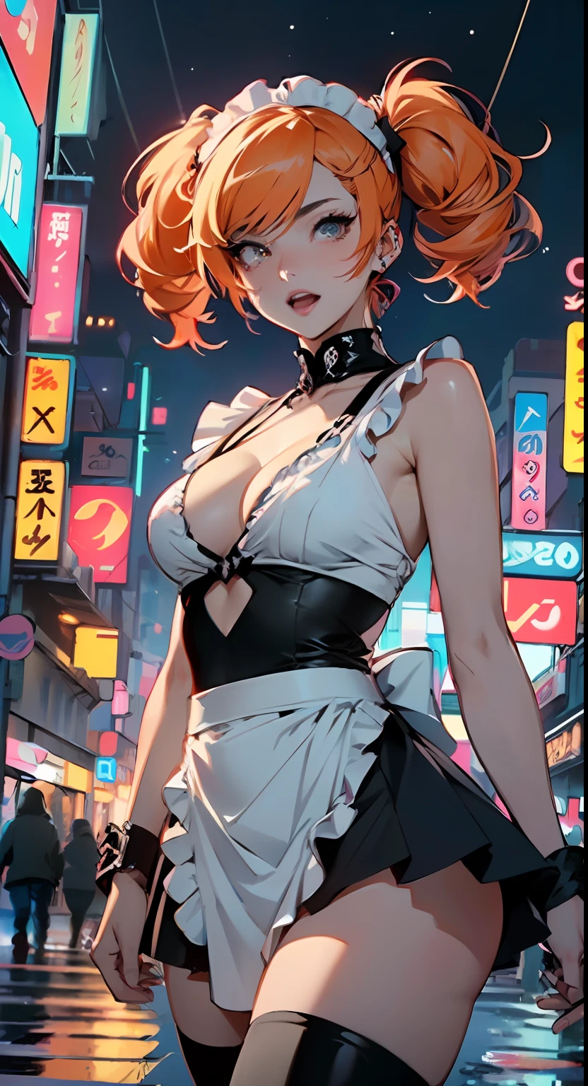 maid girl,(((1girl))),((anime maid girl with extremely cute and beautiful orange hair walking seductively down the street)),

(large breasts:1.4),bountiful breasts,fluffy breasts,H cup bust,bust up,bulging bust top,(((orange twintails hair:1.35,colored inner hair,twintails,ear breathing))),((heterochromia,eye1 orange,eye2 red,perfect eyes,upturned eyes:1.3,beautiful detailed eyes,finely detailed beautiful eyes:1,big highlight on eyes:1.2,slanted eyes)),((fat)),(((lustrous skin:1.5,bright skin: 1.5,skin tanned,shiny skin,very shiny skin,shiny body,plastic glitter skin,exaggerated shiny skin))),(spider lower abdomen,narrow waist,wide hip,athletic body,inflated legs,delicate detailed fingers,detailed body,detailed arms,human hands,(detailed face)),

cute,slutty,seductive,erotic,(((nsfw))),

zettai ryouiki,(maid headdress),maid uniform,Headdress,(maid),sleeveless,mini skirt,boots,cleavage cutout,bare legs,clothes with a lot of lace frills,(detailed outfit,detailed clothes),

(dynamic pose:1.0),solo focus,happy,((open mouth)),,centered,scale to fit dimensions,Rule of thirds,

outdoors,((night view)),(very pretty city neon synthwave,cyberpunk night street Background:1.5,dark sky,thick clouds),future vehicles,((neon lights)),thick clouds,(cyberpunk style,neon lights, (synthwave theme background), lonely street),(((detailed background:1.25))),

(best quality),(high resolution),(sharp focus),(ultra detailed),(extremely detailed),(extremely high quality artwork),8k_wallpaper,(extremely detailed CG 8k),(very fine 8K CG),((hyper super ultra detailed perfect piece)),flawless,(((masterpiece))),illustration,vibrant colors,(intricate),High contrast,Selective lighting,Double exposure,HDR (High Dynamic Range),Post-processing,Background blur,