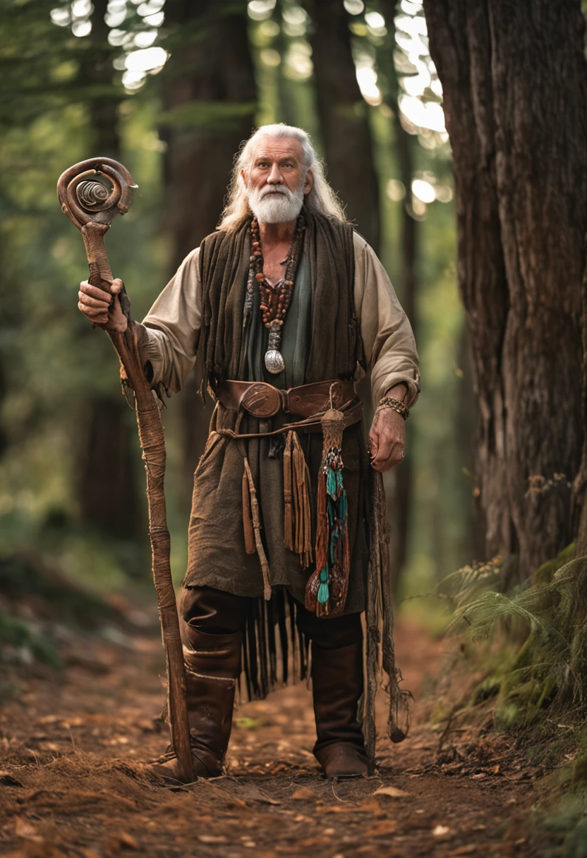 Full length portrait, strong yet aging proud Celtic druid. Broad shoulders, wearing rich woodland beads and leather bound jewelry. He is holding a gnarled and intricately carved staff. realistic facial features. national geographic composition. sunset and fire lighting, amongst a small village in thick woods. a touch of vibrant color to his garbs woven in
