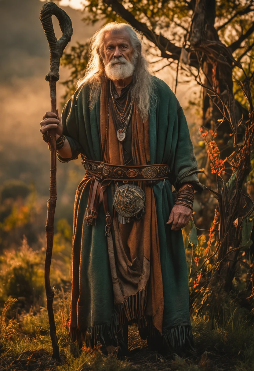 Full length portrait, strong yet aging proud Celtic druid. Broad shoulders, wearing rich woodland beads and leather bound jewelry. He is holding a gnarled and intricately carved staff. realistic facial features. national geographic composition. sunset and fire lighting, amongst a small village in thick woods. a touch of vibrant color to his garbs woven in