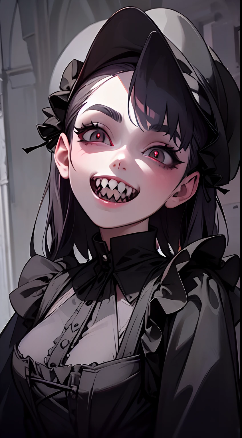 a gothic victorian vampire. dark candlelit room. (teeth:1.6)  ,  kkw-skin-det-all_checkpoint_skin_detail_-_skin_detail_v1.0,  overalldetail-detail_++_-_overall_detail , cotton dress
