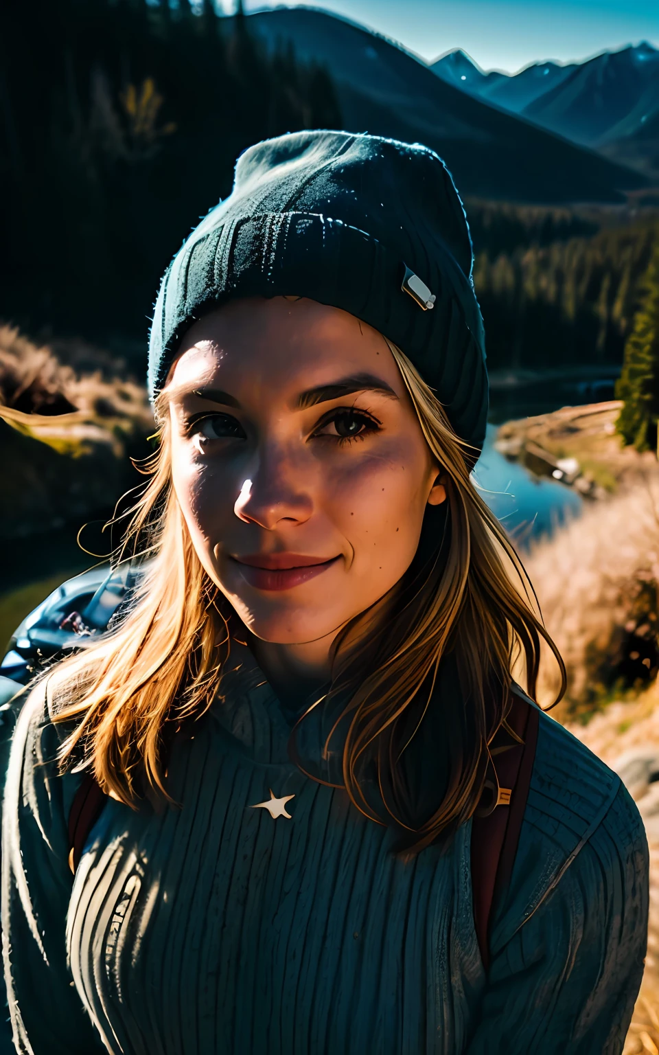 1 woman ((upper body selfie, happy)), masterpiece, best quality, ultra-detailed, solo, outdoors, (night), mountains, nature, (stars, moon) cheerful, happy, backpack, sleeping bag, camping stove, water bottle, mountain boots, gloves, sweater, hat, flashlight, forest, rocks, river, wood, smoke, shadows, contrast, clear sky, analog style (look at viewer:1.2) (skin texture) (film grain:1.3), (warm hue, warm tone:1.2), close up, cinematic light, sidelighting, ultra high res, best shadow, RAW, upper body, wearing pullover