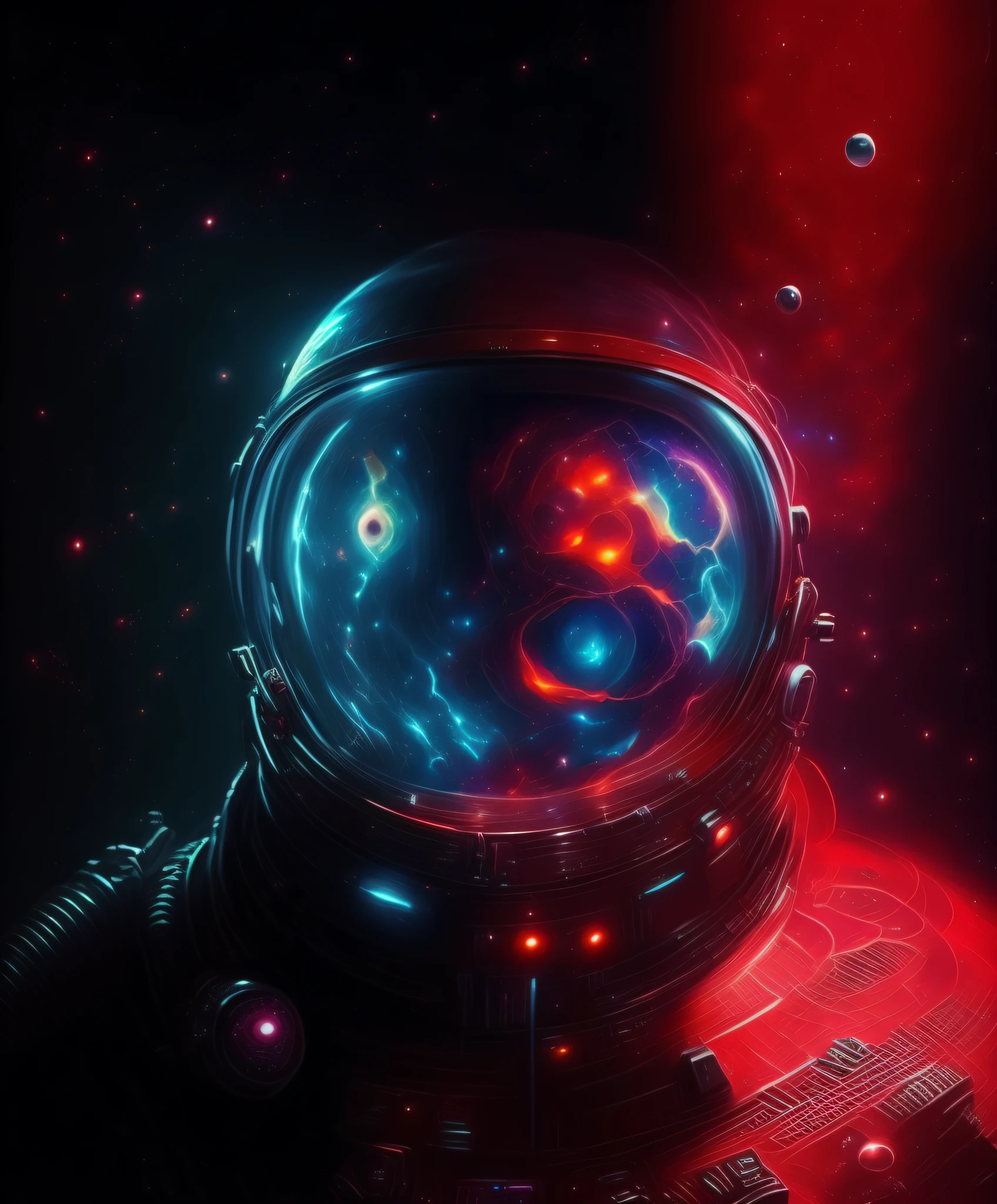 um close up de uma pessoa em um traje espacial com uma luz vermelha, astronauta assustador, horror espacial, bipe. hiper-realismoo, dark sci-fi art, beeple daily art, lonely astronaut, Retrato de um astronauta de IA, bipe!!, realismo | bipe, Cosmic horror style, por bipe, an evil alien astronaut