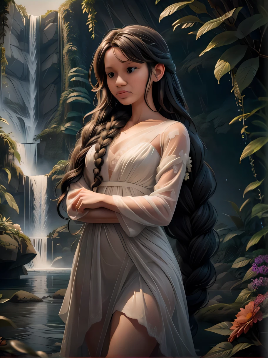 uma mulher em um vestido branco em frente a uma cachoeira, realistic fantasy illustration, wlop e ross tran, Neoartcore e Charlie Bowater, bela arte de fantasia, retrato bonito da arte da fantasia, pintura de personagem bonita, estilo de arte de fantasia, Beautiful digital illustration, Ross Tran 8 K, bela arte digital, loish e wlop, arte estilo fantasia