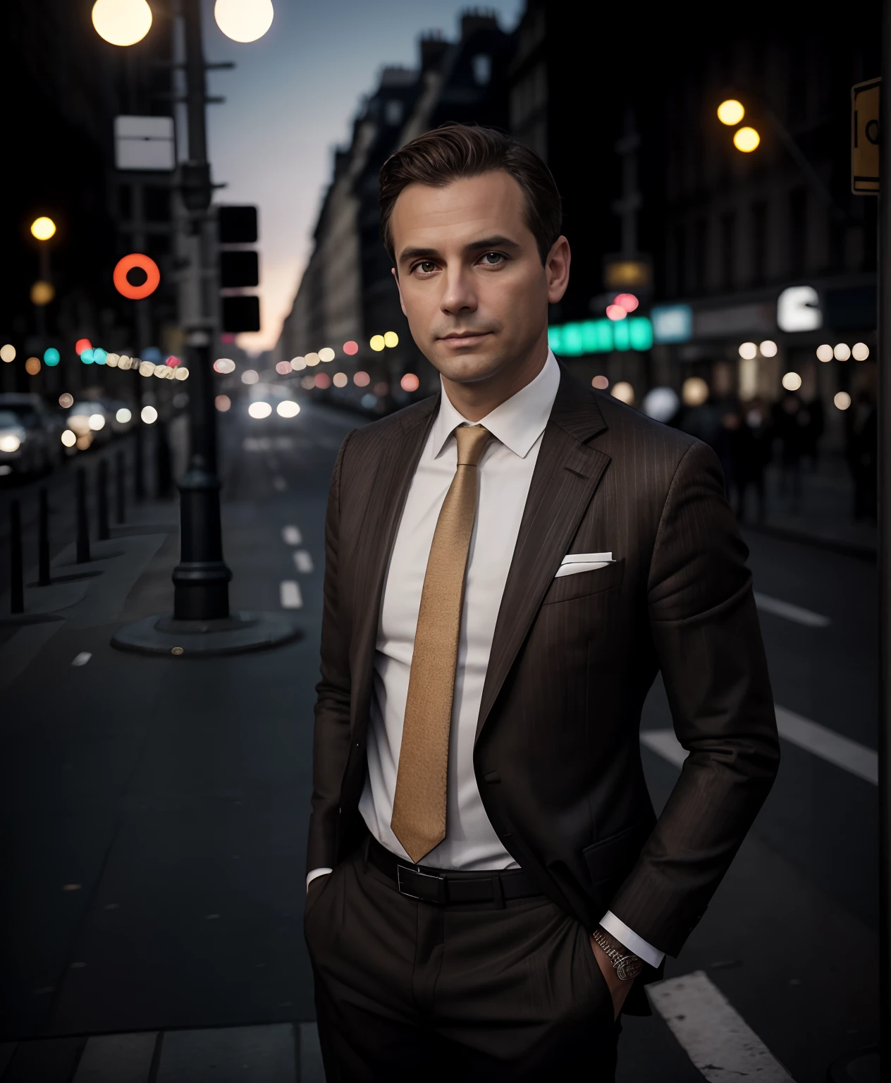 (tmasterpiece, photoreallistic), (f/1.4, Sony a7R IV) ..RAW, Portrait of a man with a seductive European hand, 35 ans, (short brown hair without beard:1.3). Full view, wearing a black suit jacket and white striped shirt and white fashion pants, Standing in the street in a very famous pose, Photographie et pose de mannequinat, Moniteur du New York Times et rue, Cities in the background and passers-by in the background and Bokeh, Highly detailed and symmetrical face, detailed lips, ceinture, detailled eyes, Des jambes parfaites, Background and sunset of the city of Paris and golden sky of the sunset, Bokeh, Precise finger, Super creative pose, VRAIE PHOTO, Lively street, Kodak, Anciennes couleurs de film, ultra fine detail, slow shutter speed, Stretched lights and movement, Bokeh