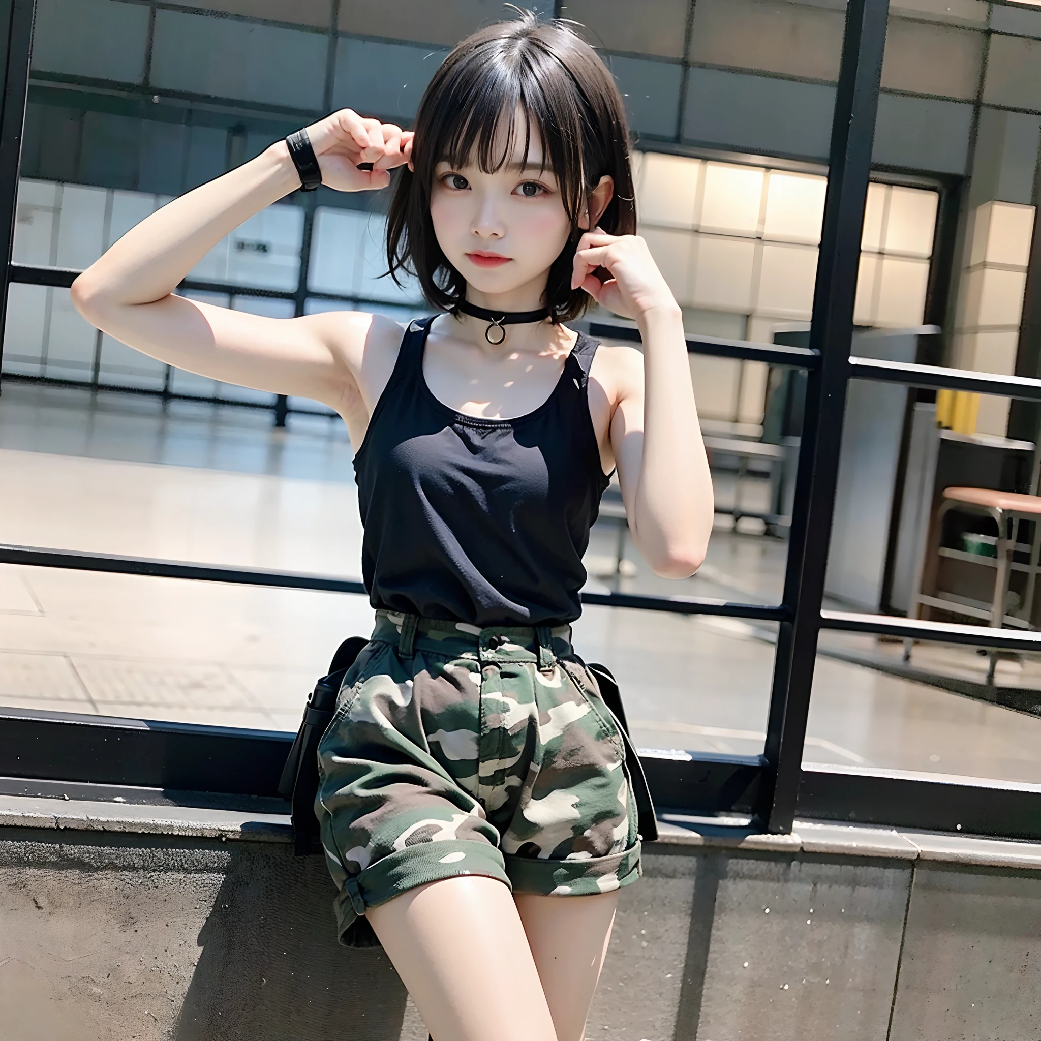 ​masterpiece、top-quality、One lady、Solo Shot、(extra very short hair:1.9)、Camouflage shorts、Black tank top、Leg holster、Black boots、a choker、Green Beret、Riding posture、cold stare