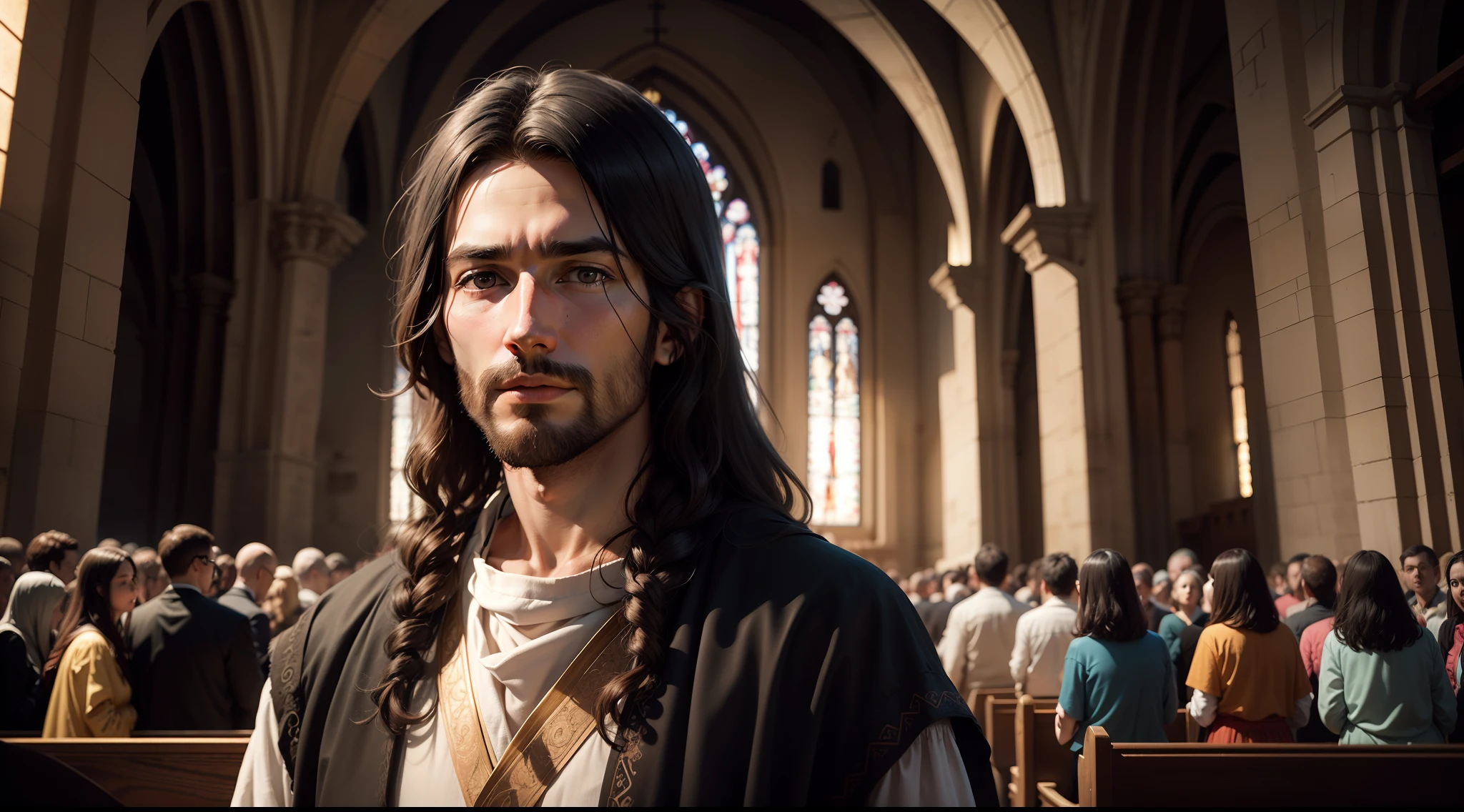 Make realistic images of the face of Jesus Christ at night in a church with his followers.