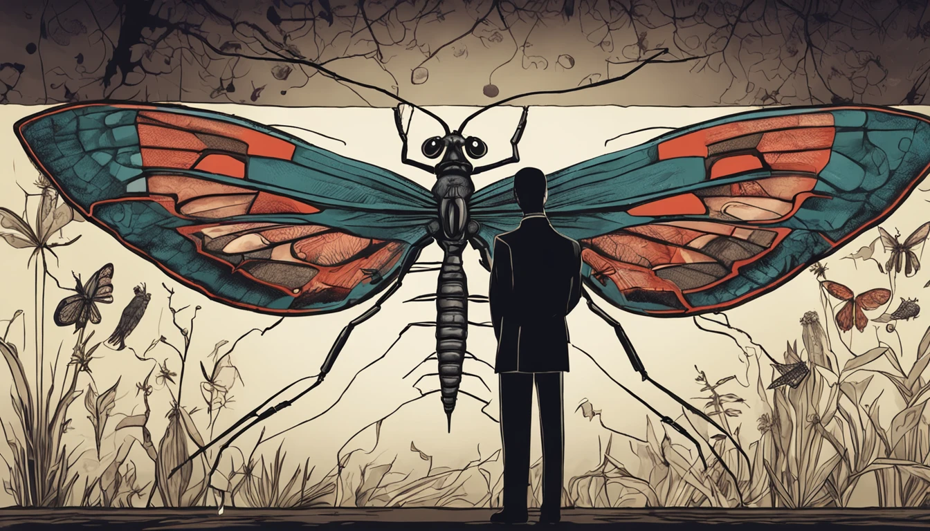 Franz Kafka gazing at a painting of Gregor Samsa metamorphosed into an insect