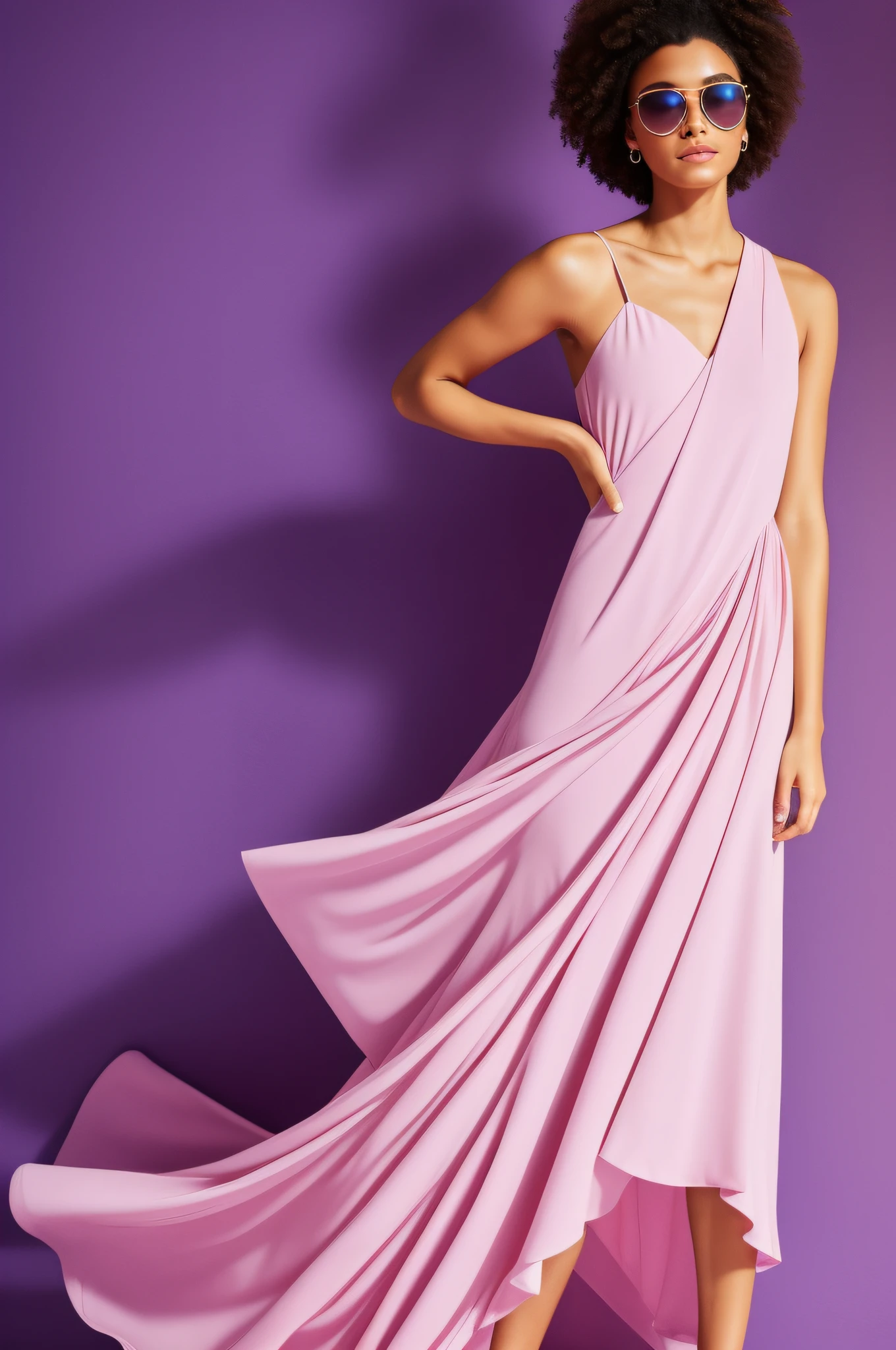 Add the background sky with pink and purple cloud stars. Terra de sonho, grama, Heaven as. Preservar o filhote branco de imagem em imagem. Dressed in a contemporary interpretation of peplos, She wears a short draped dress that is made of a soft fabric, providing a sense of fluidity. The dress is a tapestry of neos colors, where sparkling shades of intense pink intertwine with modern-inspired geometric patterns, criando um contraste ousado. The woman exudes confidence and vivacity, with a realistic facial expression that conveys a harmonious blend of classical elegance and modernity. Your eyes are protected by futuristic sunglasses, cujas lentes espelhadas refletem a paisagem noturna repleta de luzes pulsantes. The frames of the glasses are stylized, adicionando um toque de vanguarda a todo o conjunto. Entretanto, It is on the feet that the modern touch is most evident: The model sports a pair of contemporary sneakers, Replacing traditional Greek footwear. These sneakers combine comfort and style, destacando o modernos. His contemporary tunic reinterpreting the chiton is designed to allow for freedom of movement, e uma cintura marcada quase na altura do peito.