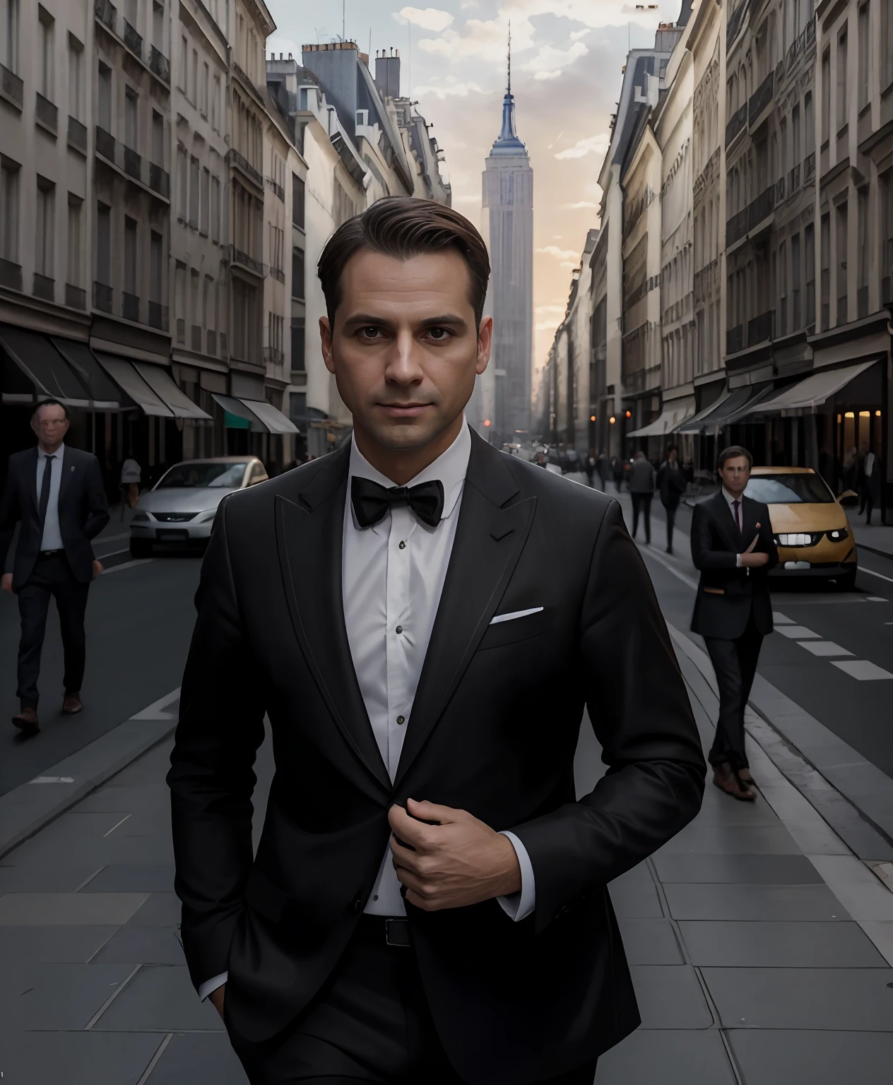 (Masterpiece, photoreallistic), (f/1.4, Sony a7R IV) ..RAW, Portrait of a man with a seductive European hand, 35 years old , ( brown short hair:1.3). Full view, wearing a black suit jacket and white striped shirt and white fashion pants, Standing in the street in a very famous pose, Photographie et pose de mannequinat, Moniteur du New York Times et rue, Cities in the background and passers-by in the background and Bokeh, Highly detailed and symmetrical face, detailed lips, ceinture, detailled eyes, Des jambes parfaites, Background and sunset of the city of Paris and golden sky of the sunset, Bokeh, Precise finger, Super creative pose, VRAIE PHOTO, Lively street, Kodak, Anciennes couleurs de film, ultra fine detail, slow shutter speed, Stretched lights and movement, Bokeh
