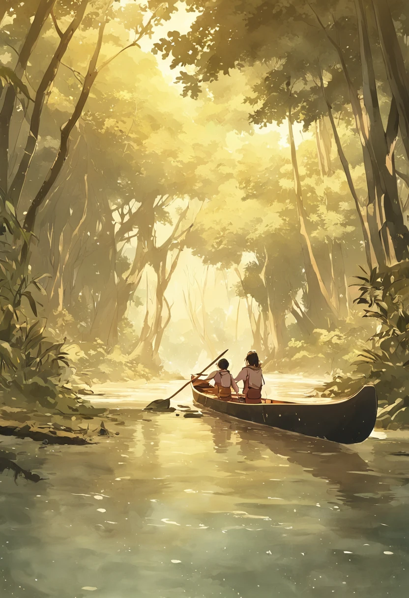 Fast canoe on the banks of the Amazon River without rocks with beautiful trees in the background and the water in shades of sepia.