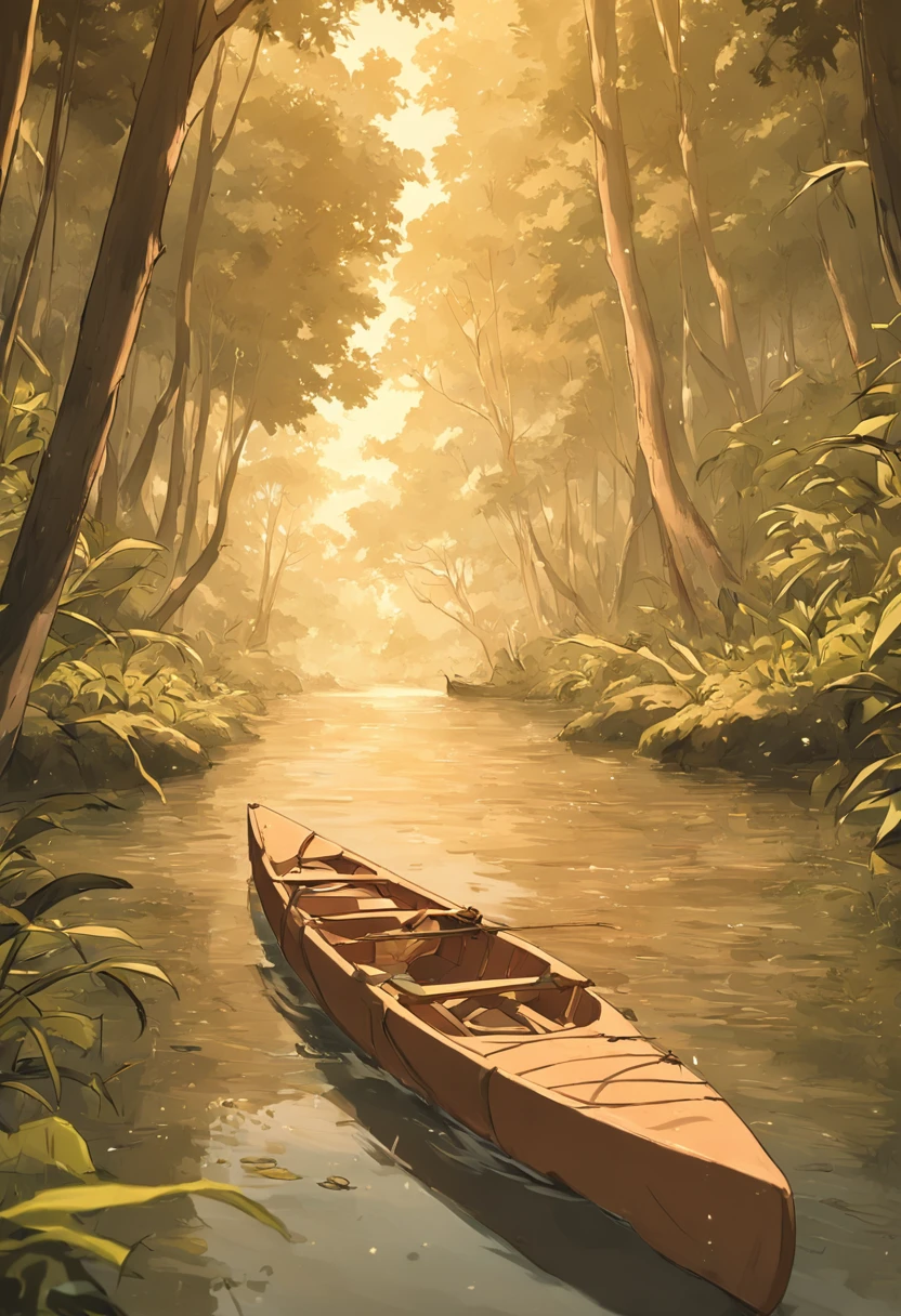 Fast canoe on the banks of the Amazon River without rocks with beautiful trees in the background and the water in shades of sepia.