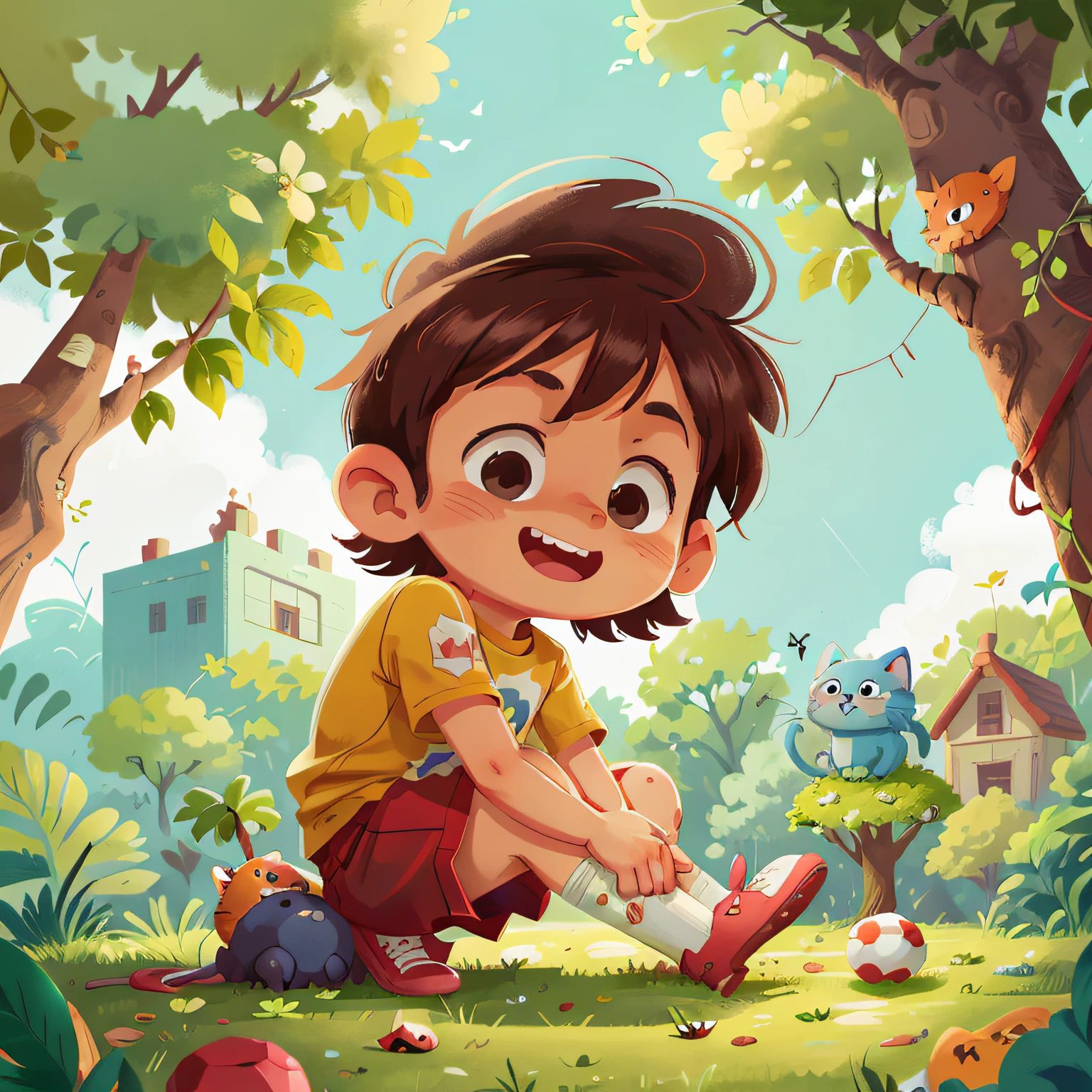 Poster design, (SFW), small boy, 8 years old, happy, playing soccer, watching a kitten on a top of a tree, qualidade perfeita, foco claro, colorido, rosto perfeito, detalhes intrincados, angle of view ultra-low, lente grande angular