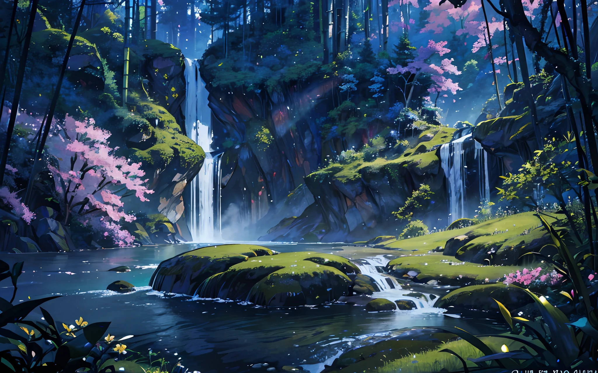Masterpiece, best quality, 8K, high res, ultra-detailed, A scene of a waterfall cascading down a high cliff amongst lush greenery, adorned by vibrant flowers, towering pines, and delicate bamboo groves,no humans, sakura, beautiful view, ultra-detailed, fine detailed, highly detailed, intricate, highly detailed, ultra-detailed, scenery,no humans, lush green mountains, winding rivers, misty atmosphere, solitary, intricate details, delicate features, verdant trees, blooming flowers, druid's circle, soft moss, deep forest, intricate leaves and vines, wisps of light, still pool of water, pristine, verdant green, A picturesque scene of a waterfall cascading down a high cliff amongst lush greenery, adorned by vibrant flowers, towering pines, and delicate bamboo groves.