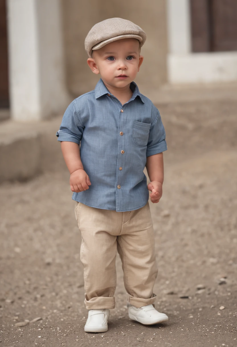 ((petit homme)) porter une chemise courte, Pantalons longs et baskets, ((atop a giant chicara))