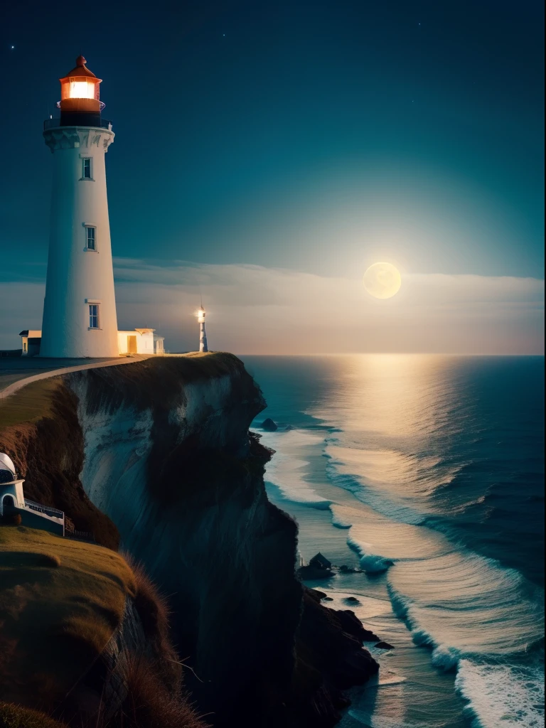 A surreal dreamlike and beautiful lighthouse on a cliff by the ocean over the moonlight, big full moon