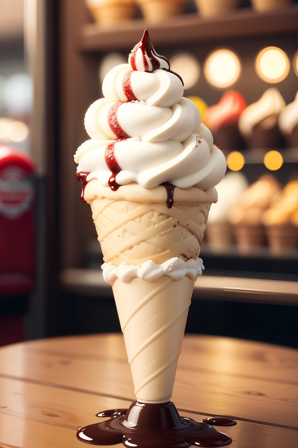 Italian ice cream express ice cream cone with lots of high definition chocolate syrup