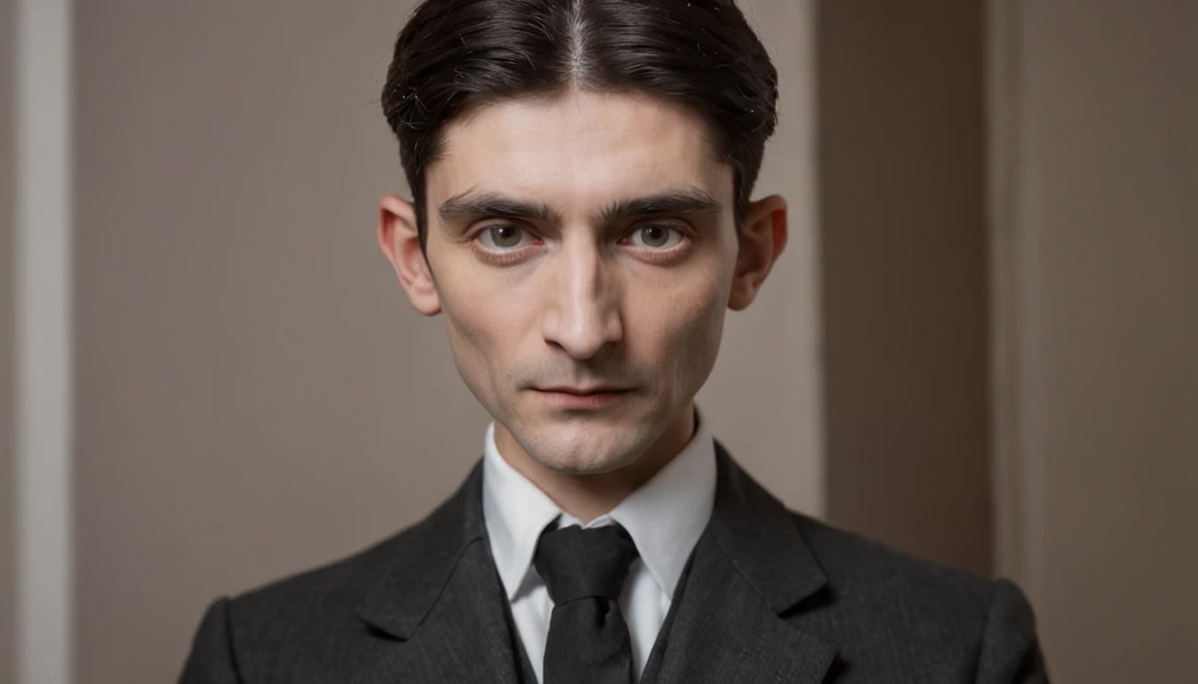 Franz Kafka gazing at a painting of Gregor Samsa metamorphosed into an insect
