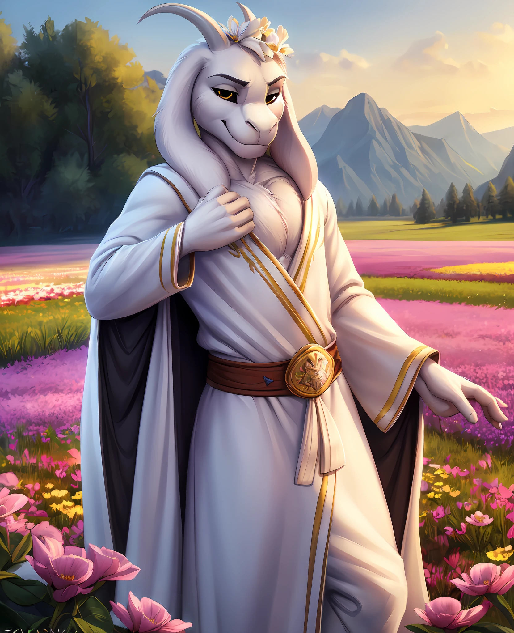 asriel, black sclera, (pose:1.3), (posing:1.3), (soft shading), 4k, hi res, five fingers, detailed hands, ((detailed face, (detailed eyes:1.0), detailed)), (full body), by zackarry911, by zaush, (by personalami:0.5), flower field, flower, clothed, smile, robe