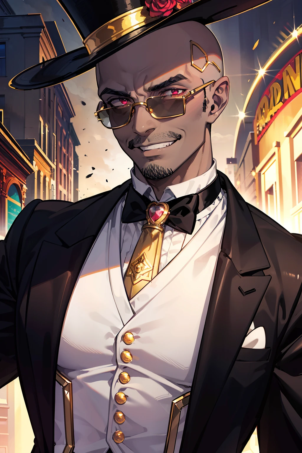 "(bald dark-skinned muscular man with a sly grin), garnet eyes, and large black mustache, wearing a top hat and black tuxedo with a black shirt complimented by a golden tie and round golden sunglasses over his eyes, (beautiful golden city background), ultra HD, masterpiece quality, high quality, top quality, perfect quality"